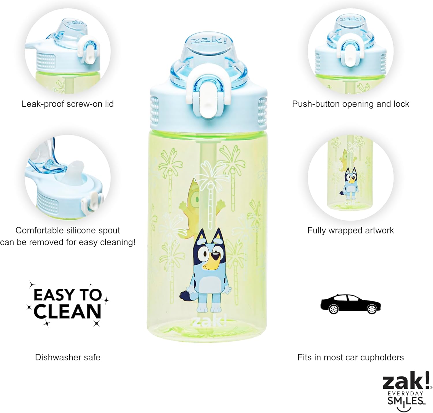 Zak Designs Sage Bluey Botella de agua para niños, escuela o viajes, plástico duradero, 16onzas, con popote, asa, tapa, boquilla abatible, a prueba