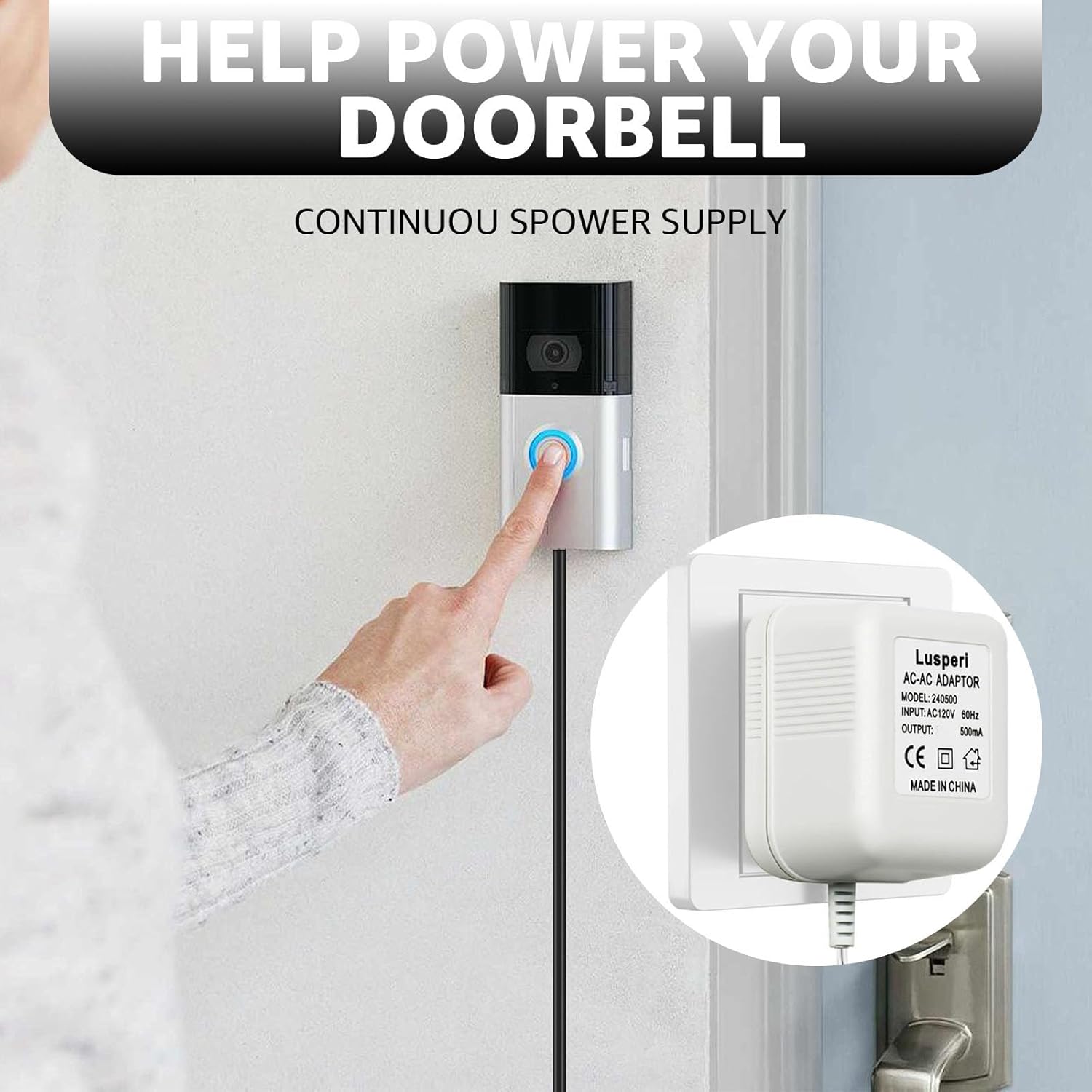 Transformador de timbre de puerta extralargo de 26.2 pies 18V500mA compatible con timbres de video inalámbricos Ring, Nest, Eufy, Wyze, Arlo (blanco)