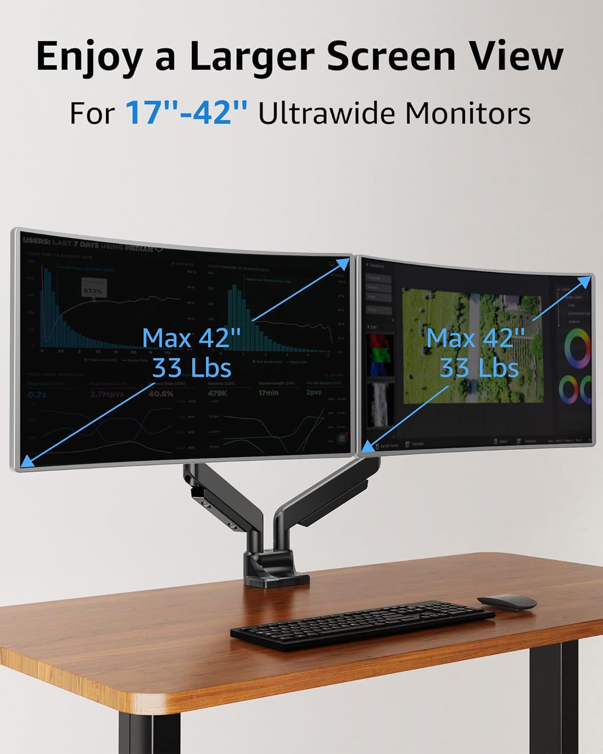 MOUNTUP Soporte de monitor doble para pantalla ultraancha de 17 a 42 pulgadas, soporta 6.6-33 libras, soporte de escritorio con brazo de monitor