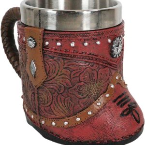 Ebros Gift Bota rústica de vaquera occidental con taza de café con estrella solitaria en piel sintética con acabado floral de desplazamiento floral Ebros Gift Bota rústica de vaquera occidental con taza de café con estrella solitaria en piel sintética con acabado floral de desplazamiento floral