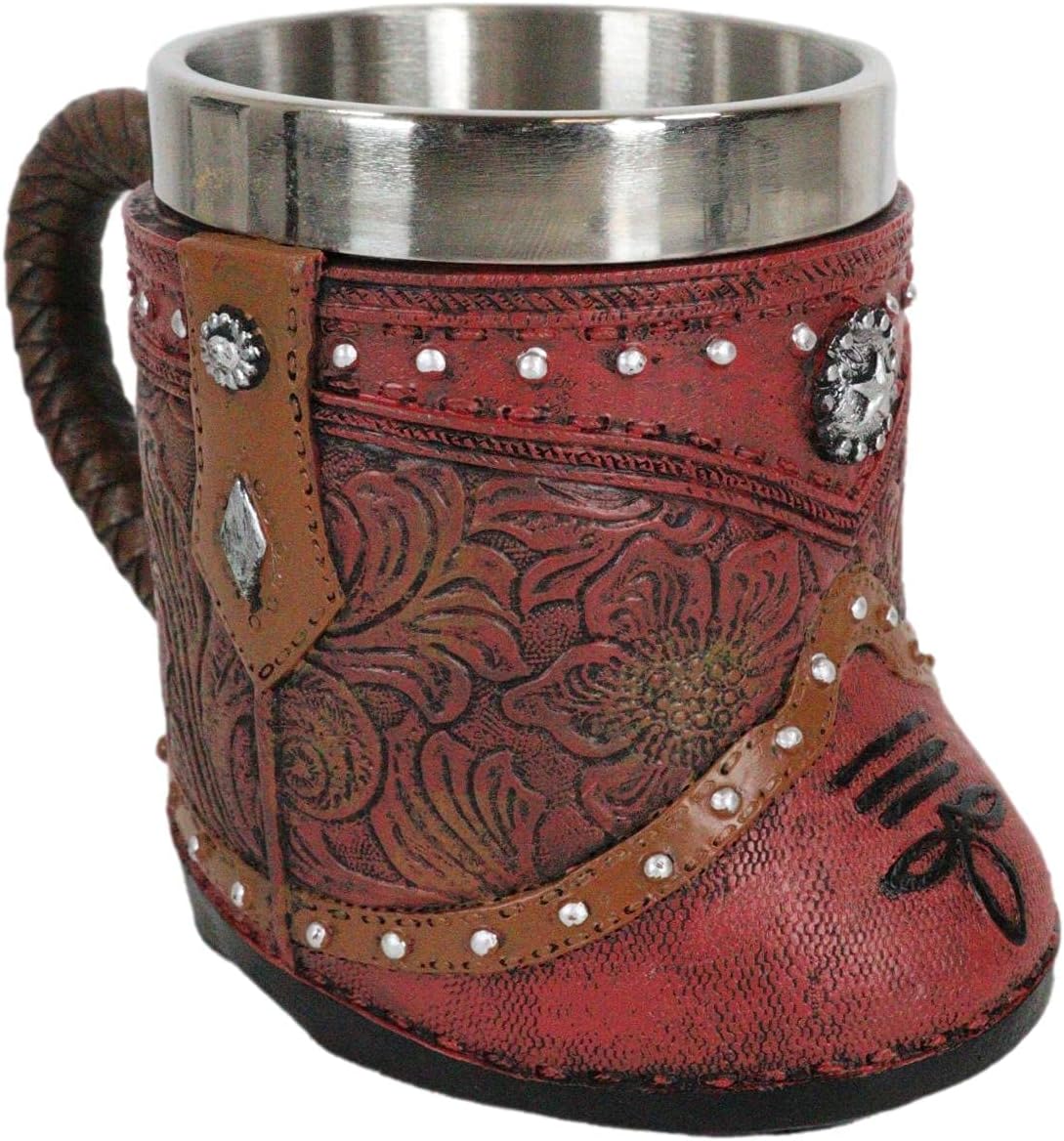 Ebros Gift Bota rústica de vaquera occidental con taza de café con estrella solitaria en piel sintética con acabado floral de desplazamiento floral