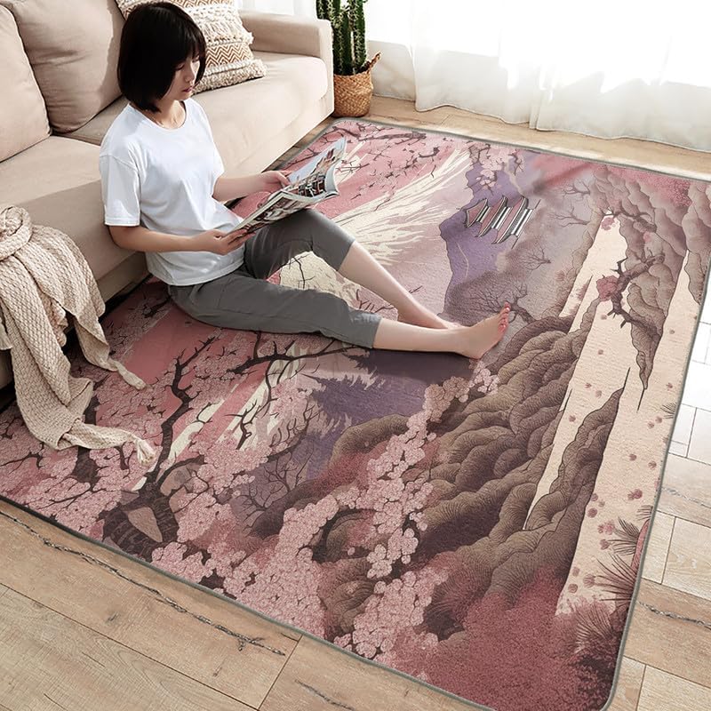 Alfombras lavables para sala de estar, dormitorio, alfombra japonesa y decoración del hogar, flor de cerezo y monte Fuji, alfombra de área de 6 x 9