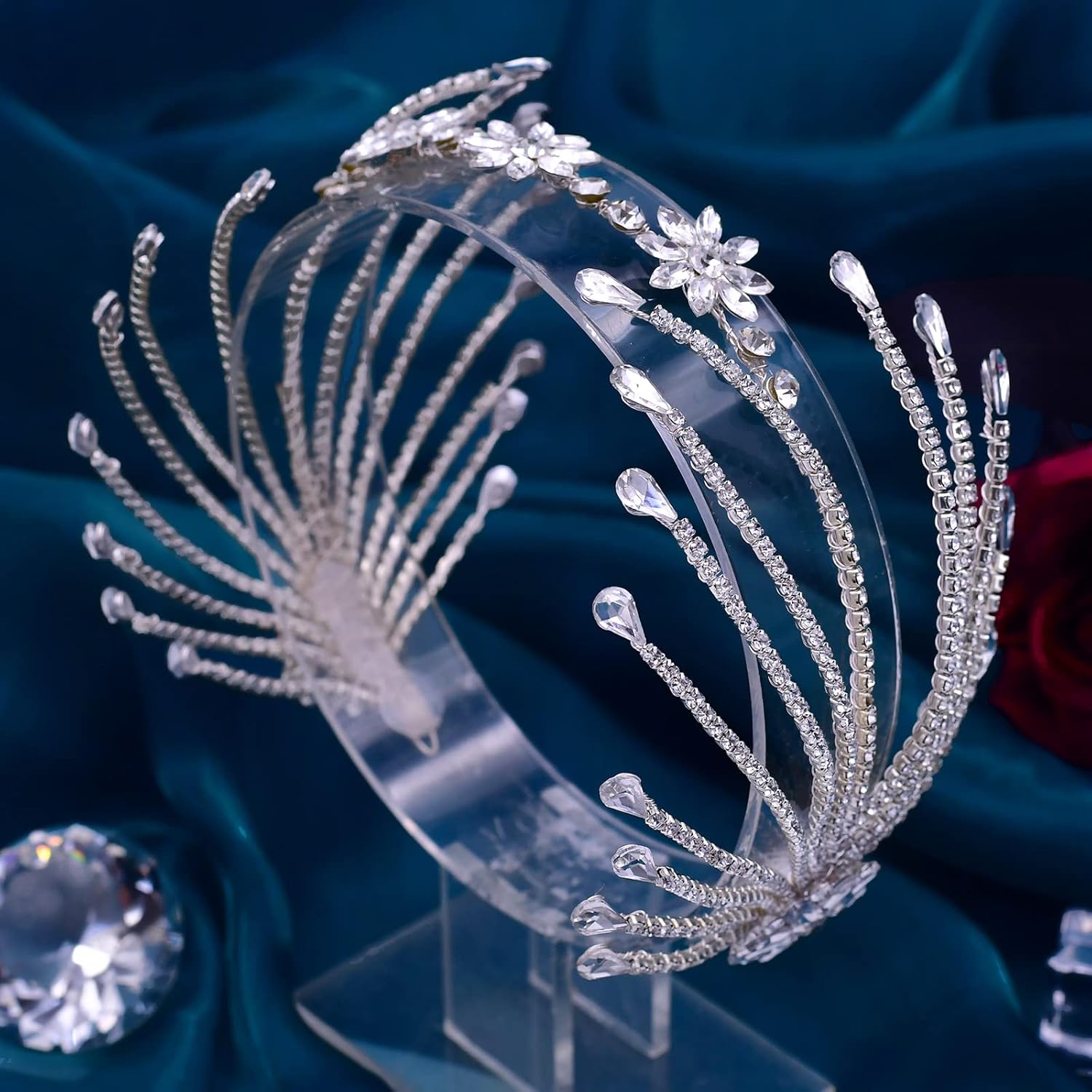 Diadema de boda con hojas de diamantes de imitación para novias, tocados plateados hechos a mano para bodas, bailes, fiestas de cumpleaños,