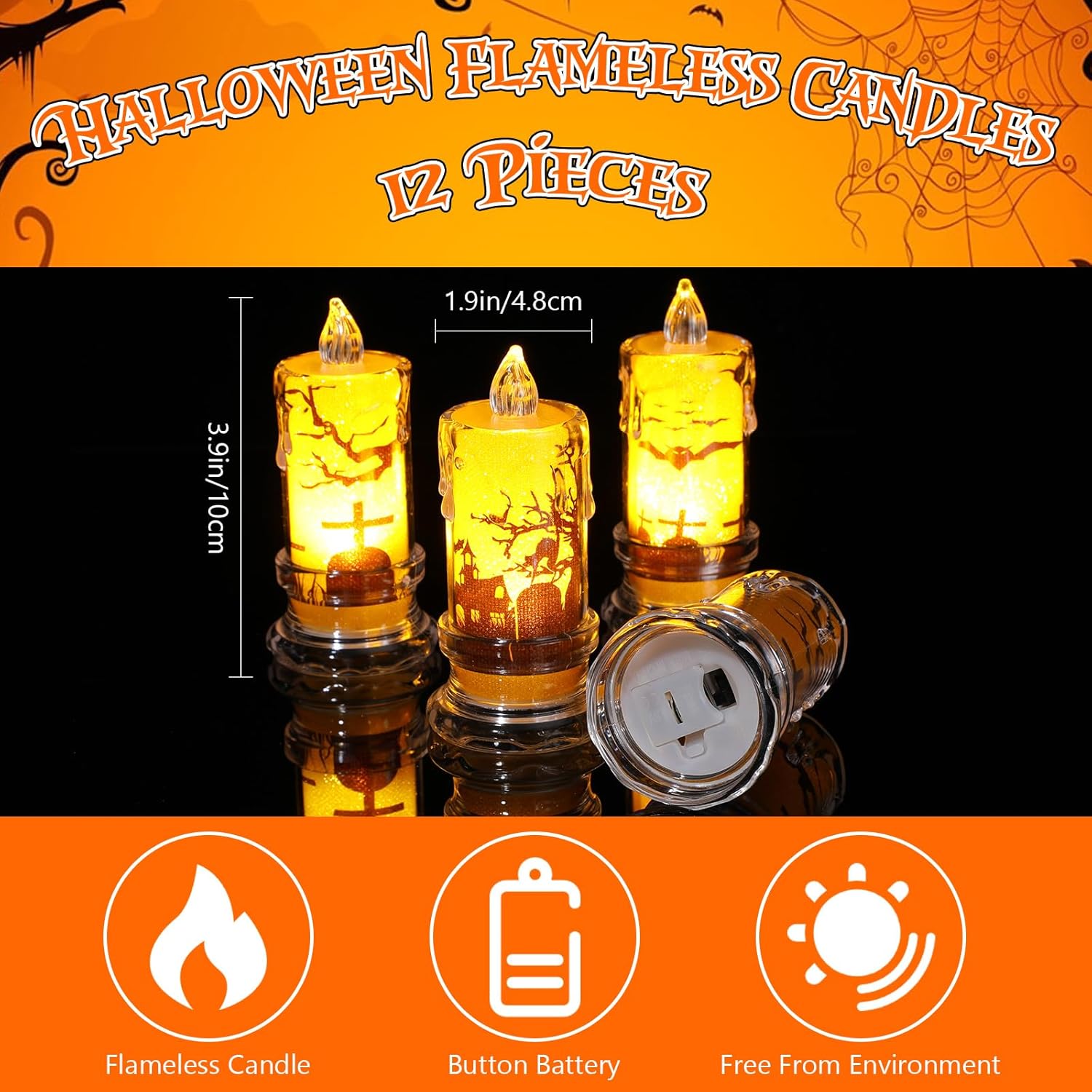LOYIM 12 velas de Halloween sin llama que funcionan con pilas, velas LED 3D de luz cálida, velas de pilar de cristal con piedra sepulcral y gato