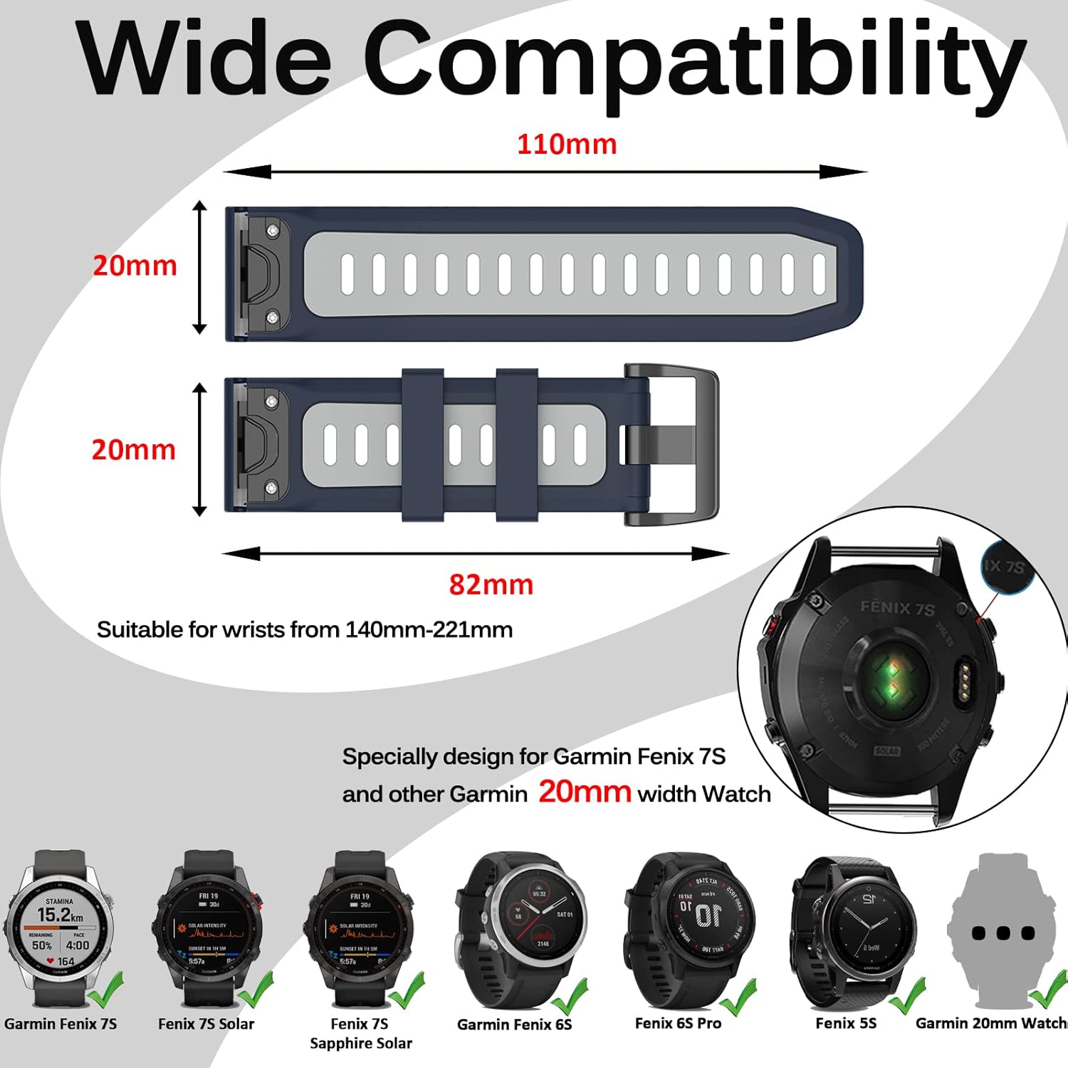 Miimall Compatible Garmin Fenix 7S6S5S Bands, 20mm Width Soft Silicone Sport Waterproof Replacement Strap Band for Garmin Fenix 7S7S Solar7S