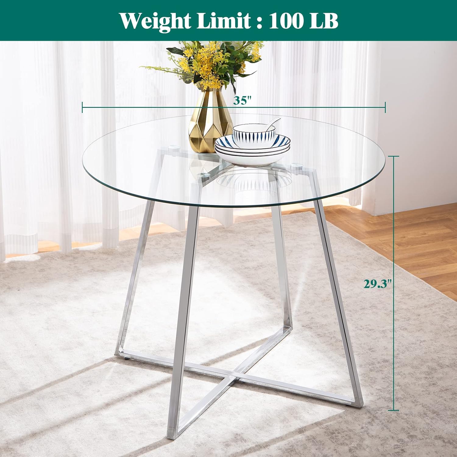 SICOTAS Mesa de comedor redonda de vidrio con patas cromadas, mesa de cocina moderna para 2 o 4 personas, mesa de comedor circular con base de metal