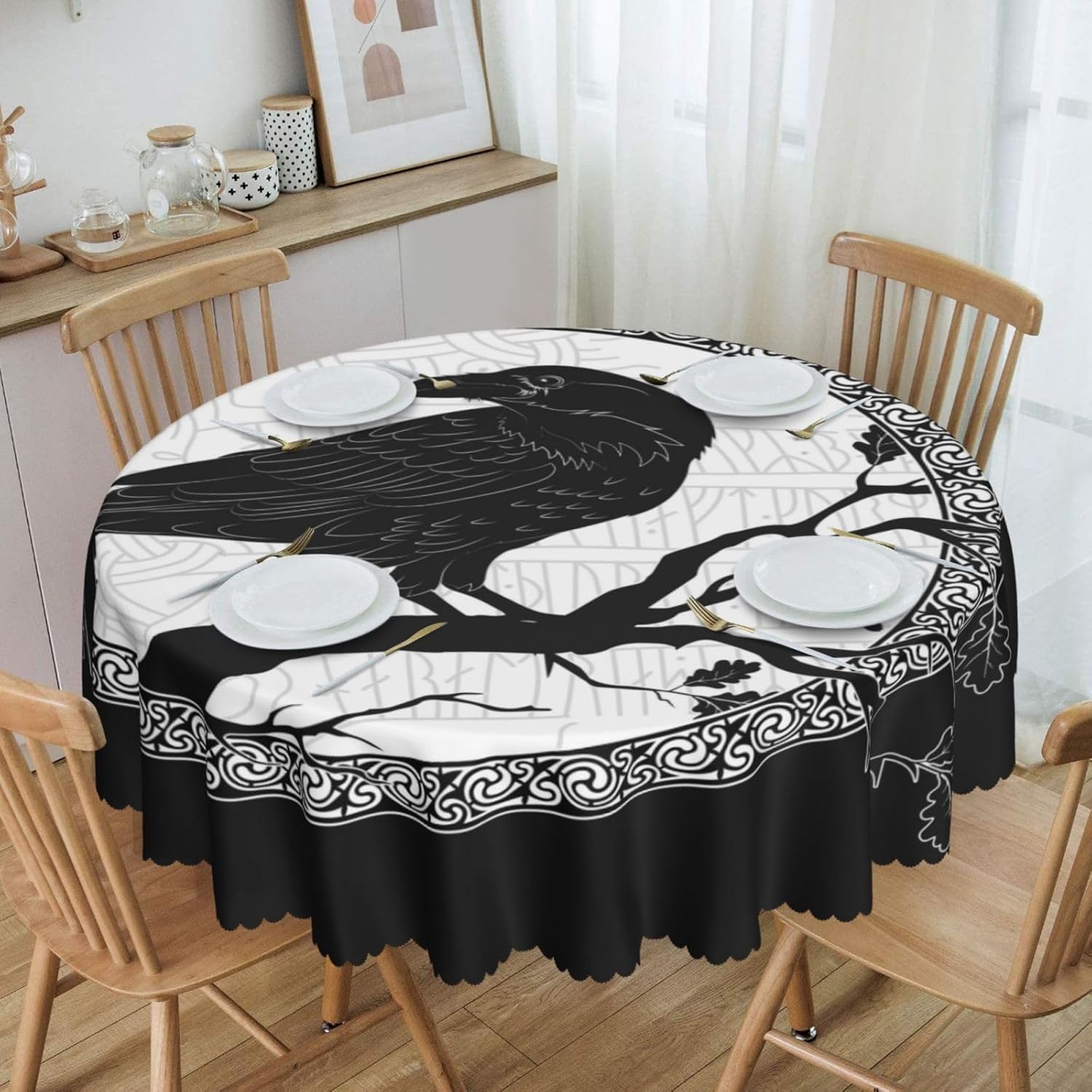 Mantel redondo de cuervo negro de 60 pulgadas, impermeable, mantel de encaje para mesas redondas, mantel para restaurante, picnic, interior y