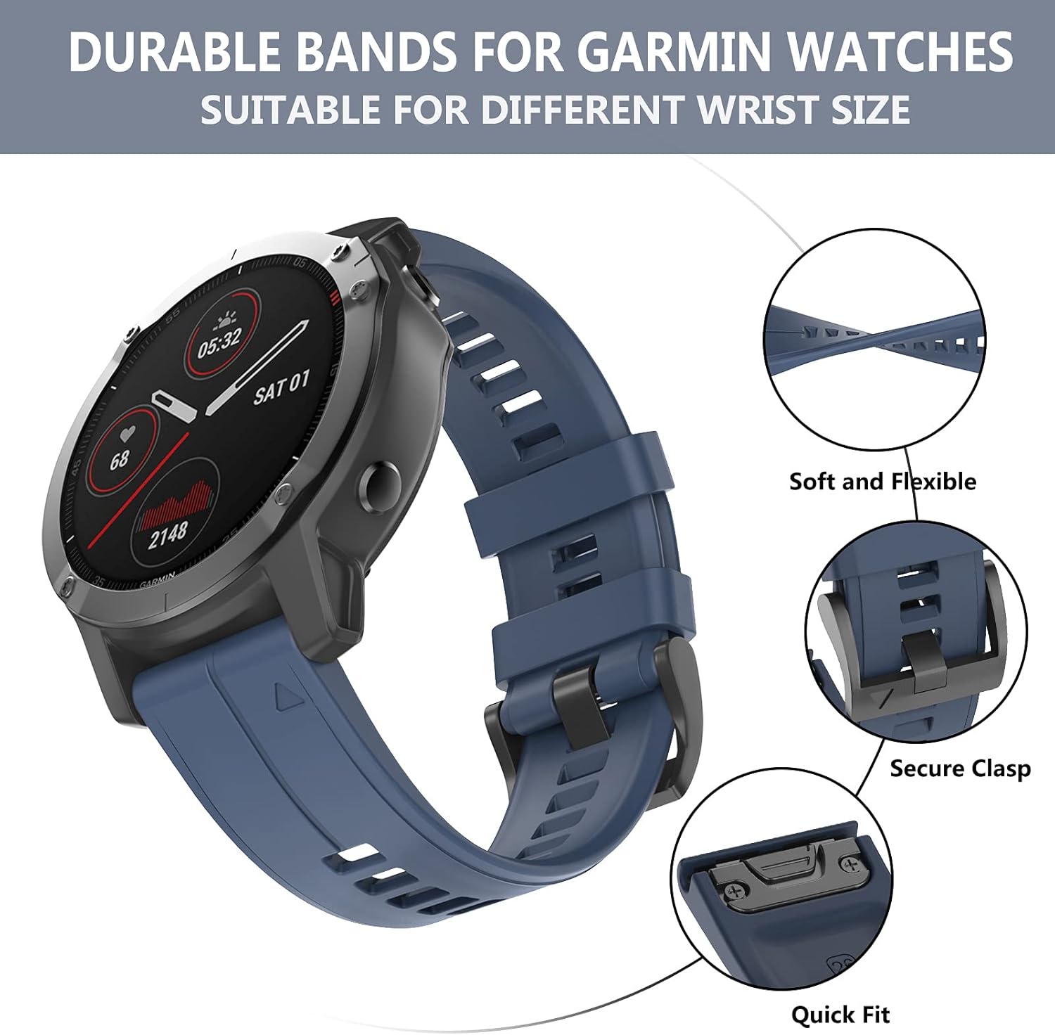OVERSTEP Correa de reloj compatible con Garmin Fenix 5, bandas de silicona suave de 0.866 pulgadas para reloj inteligente Fenix 6Fenix 7Fenix 5