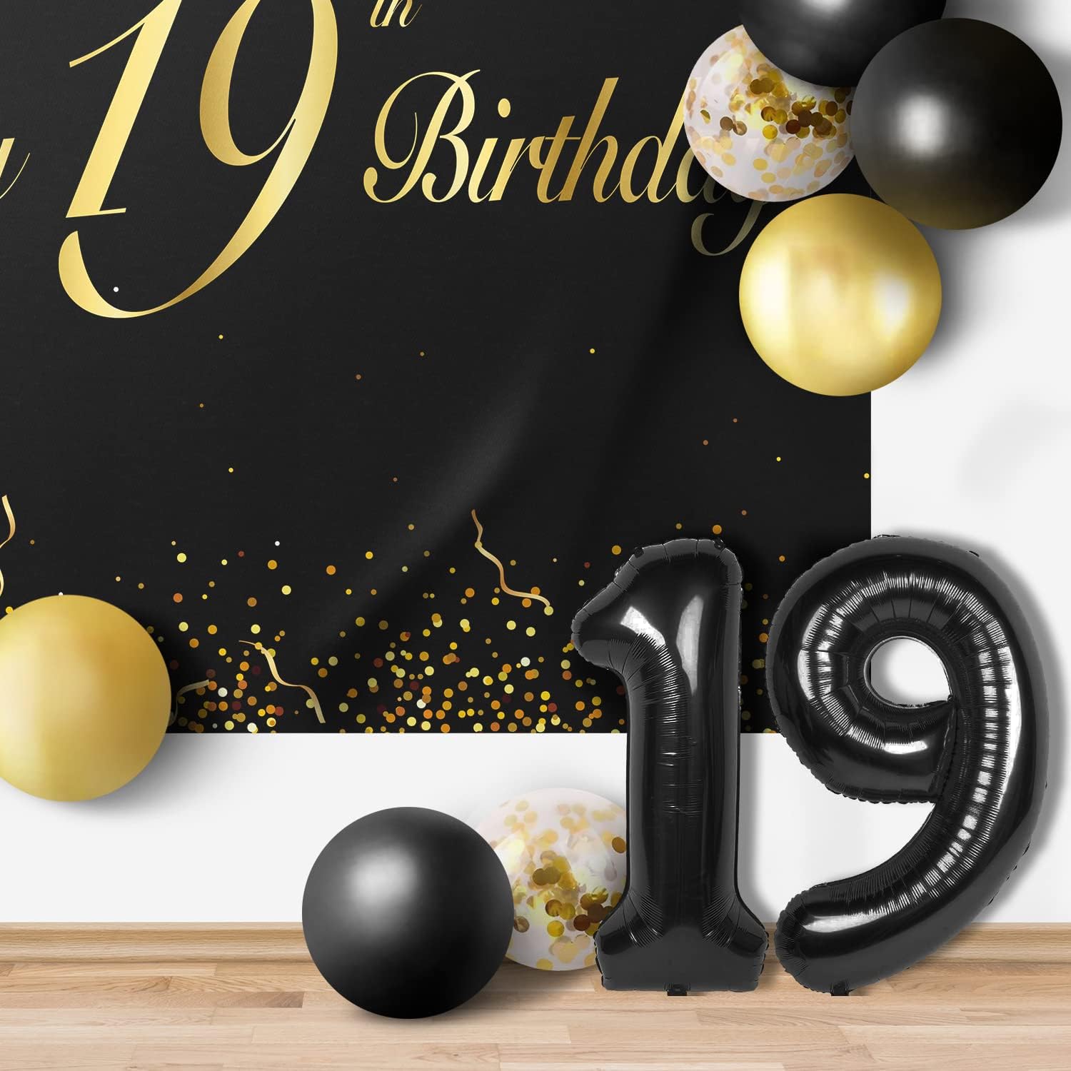 Juego de globos negros de feliz cumpleaños 19  Saludos a los 19 años de edad, decoración de telón de fondo para mujeres y hombres