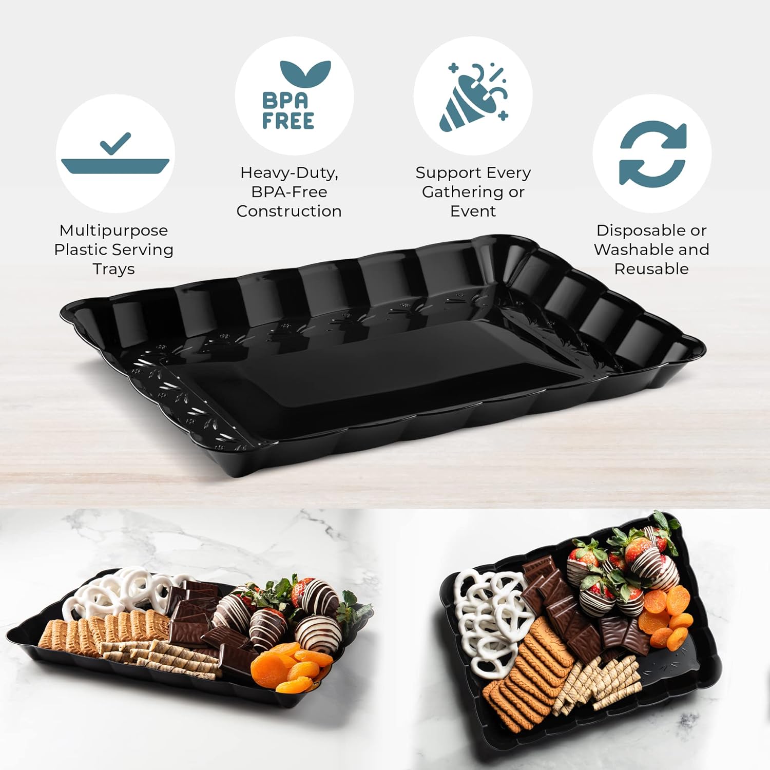 Bandejas de plástico para servir de 9 x 13 pulgadas, paquete de 4 bandejas de fiesta negras duraderas – Bandeja desechable para servir alimentos –