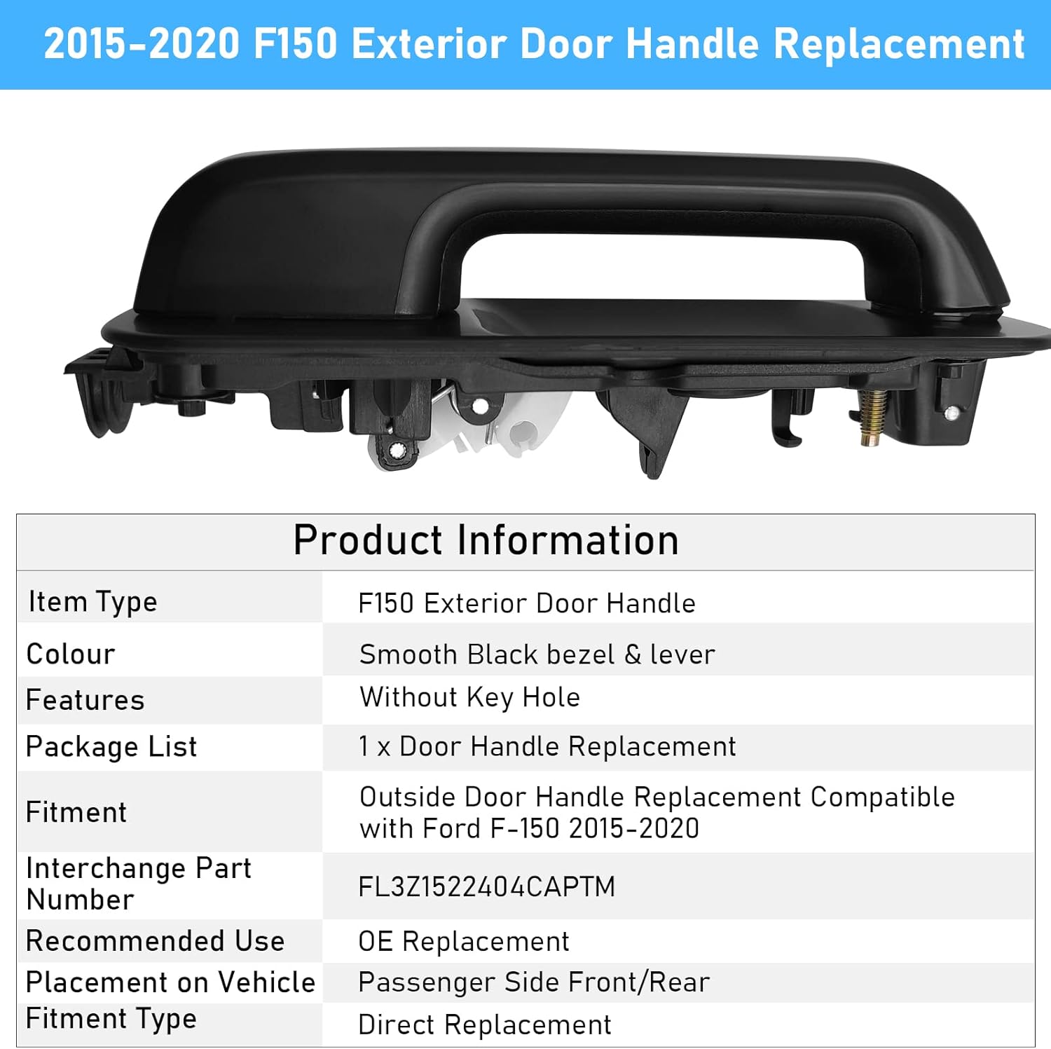 Moonlinks Compatible con manija de puerta exterior Ford F150, reemplazo de manija de puerta lateral derecha, 2015-2020 F150, color negro liso