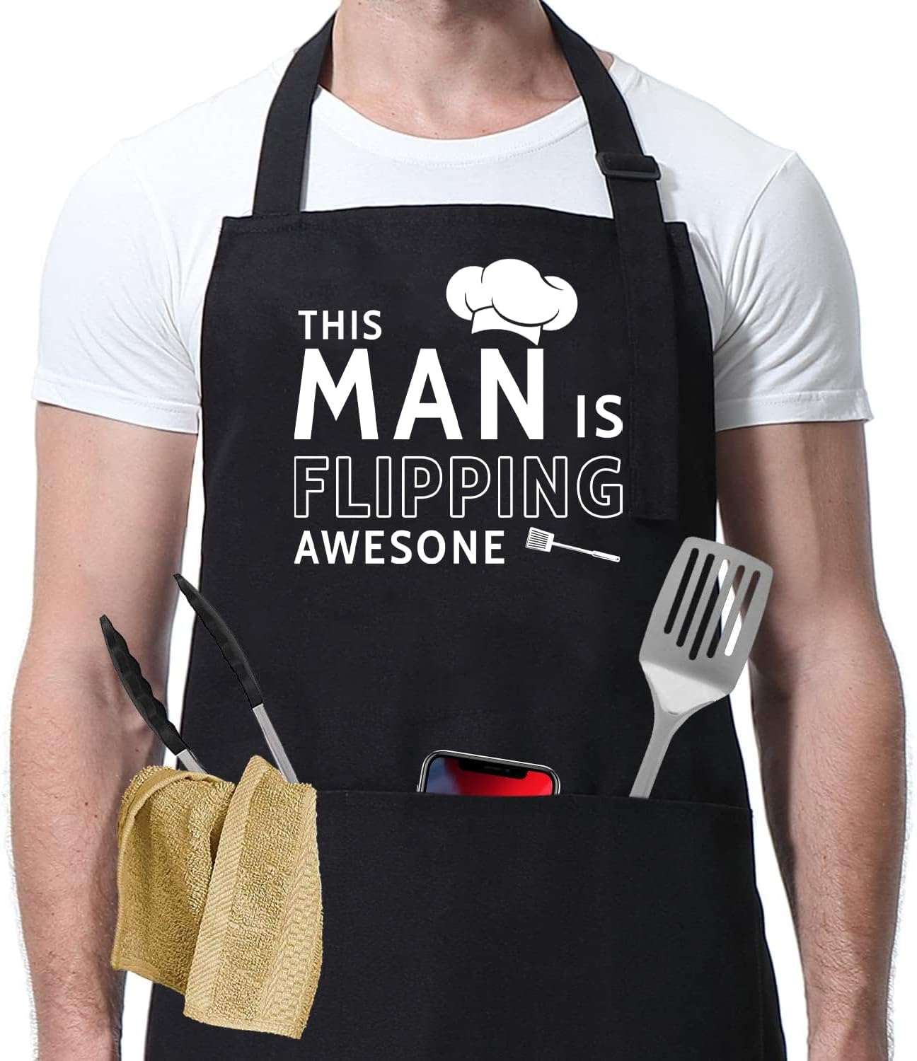 Divertido delantal de cocina para hombres, este hombre está volteando impresionante delantal, delantal ajustable con bolsillos, delantal de cocina