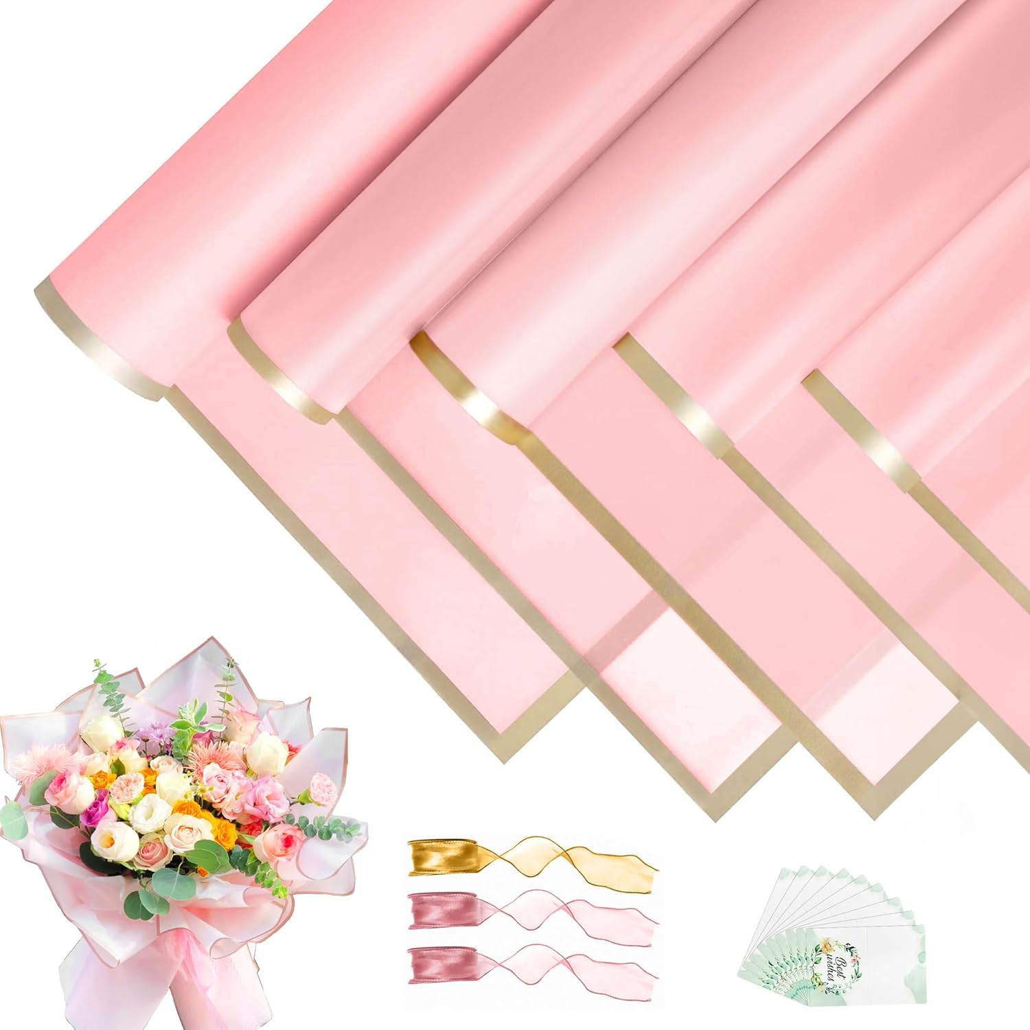 JOYIT 60 hojas de papel de regalo de flores rosadas, papel de regalo de ramo de flores con cinta y tarjetas, papel de flores impermeable para bodas,