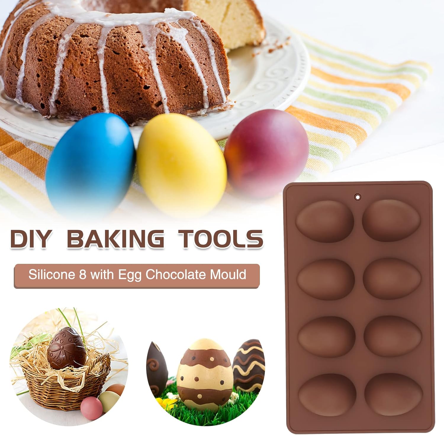 Paquete de 2 moldes de silicona para huevos de Pascua para decoración de pasteles, mantequilla de maní, chocolate, dulces, muffins, magdalenas,