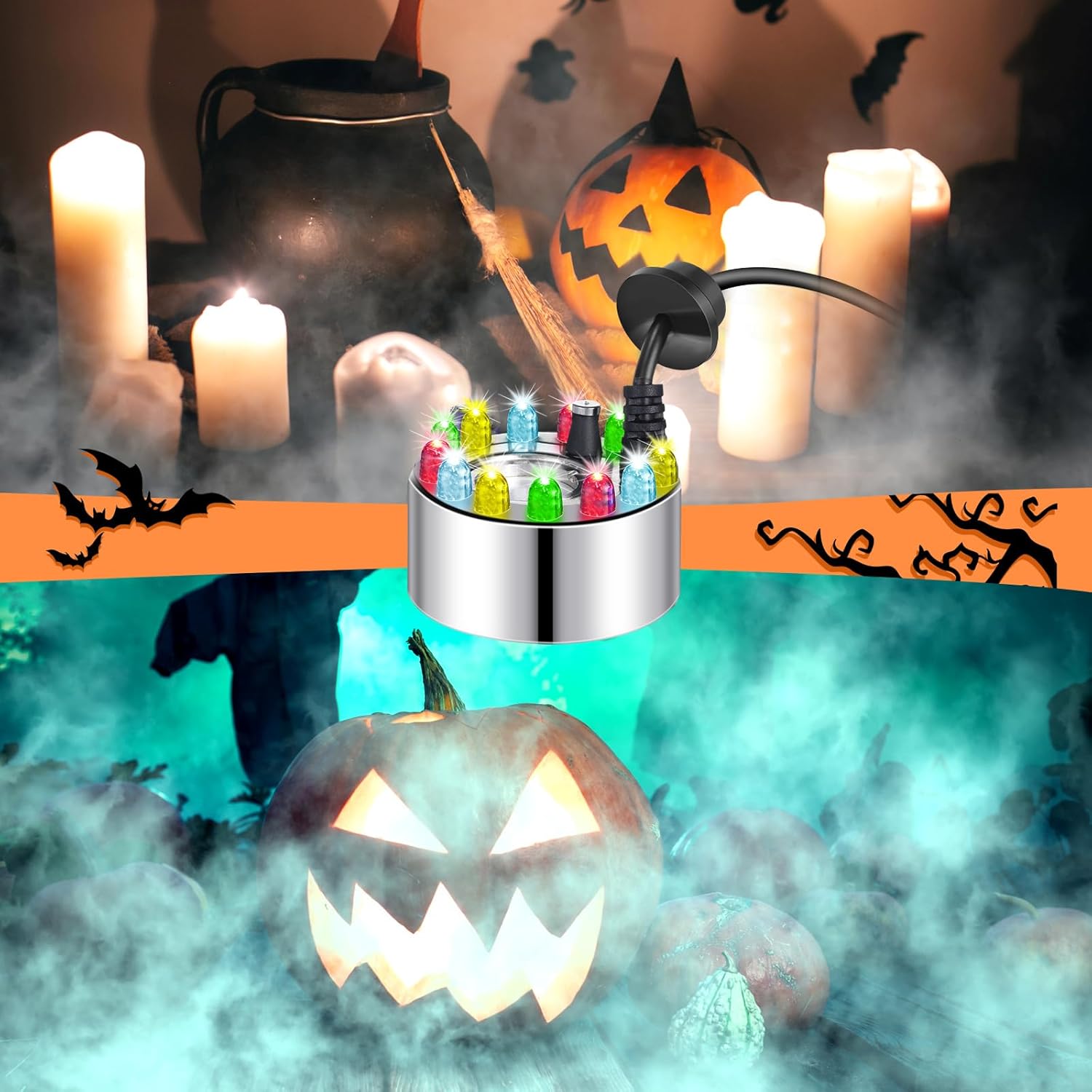 4 piezas de niebla ultrasónica de Halloween nebulizador 12 LED fuente de agua estanque máquina de niebla interior nebulizador de estanque que cambia