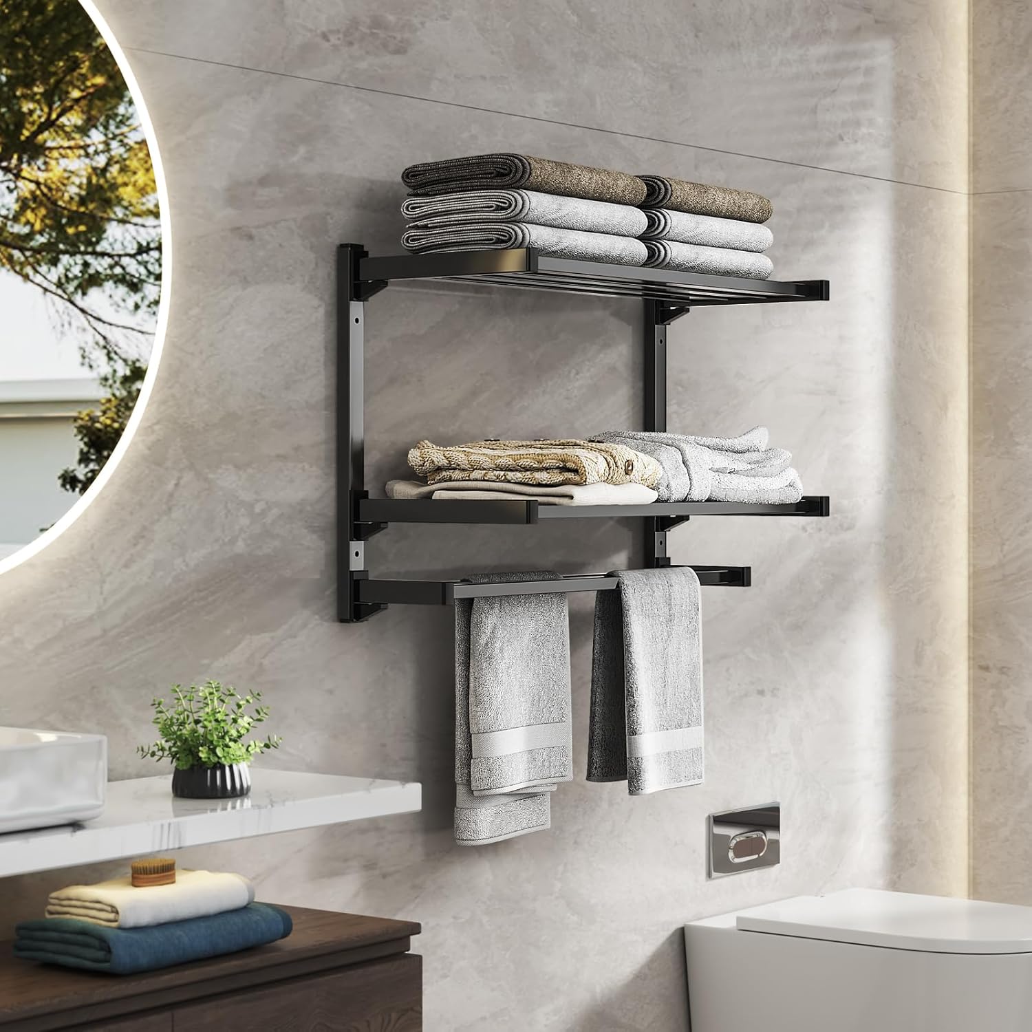 Toallero de 24 pulgadas para baño, toallero de 3 niveles con estante de almacenamiento desmontable, estante de toallas de baño con doble toallero,