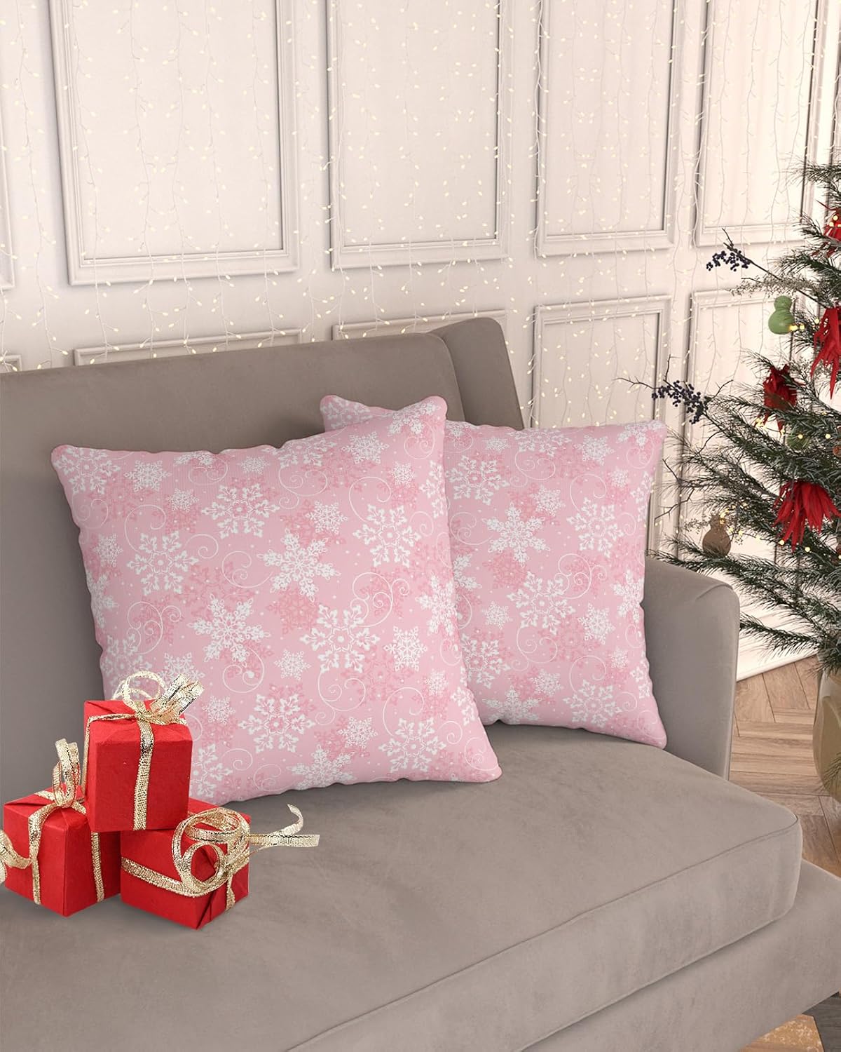 QueenKer Juego de 2 fundas de almohada navideñas de 24 x 24 pulgadas, diseño de copos de nieve de invierno, fundas decorativas para sofá y cama,