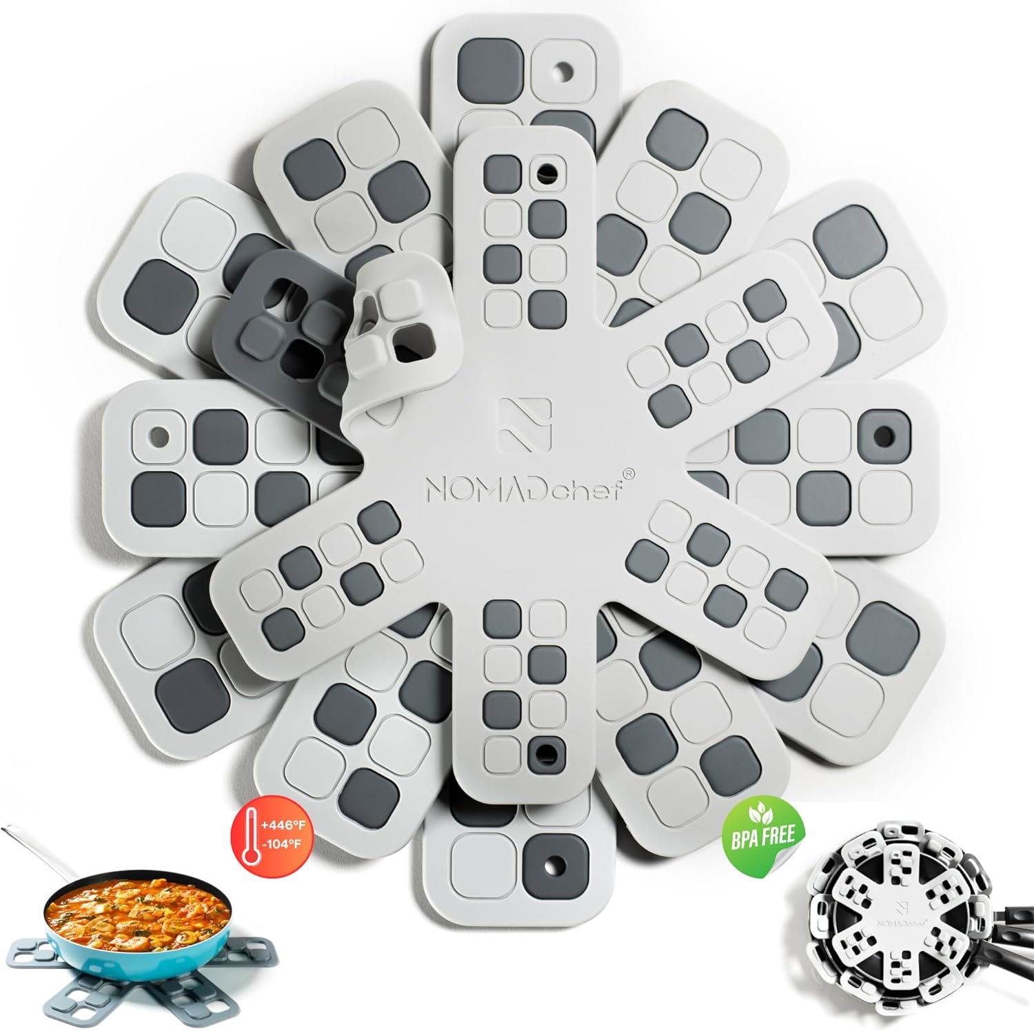 NOMADCHEF Salvamanteles de doble uso para platos calientes y protectores de sartén de silicona para apilar  Alfombrilla de salvamanteles de silicona
