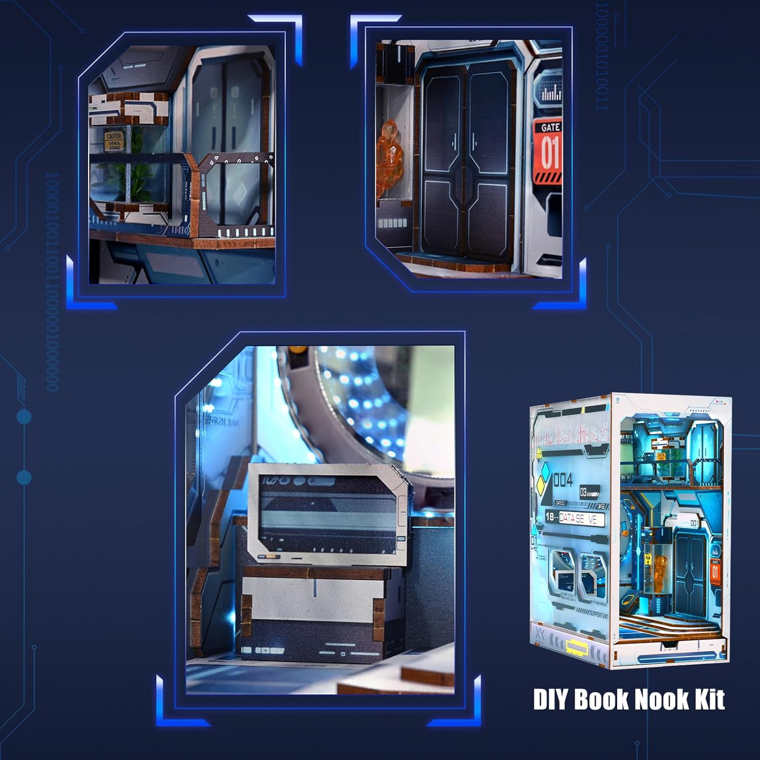Sujetalibros de madera 3D, kit de rincón de libros, decoración de estantería con luz LED, kit de modelo de casa de muñecas en miniatura para niños y