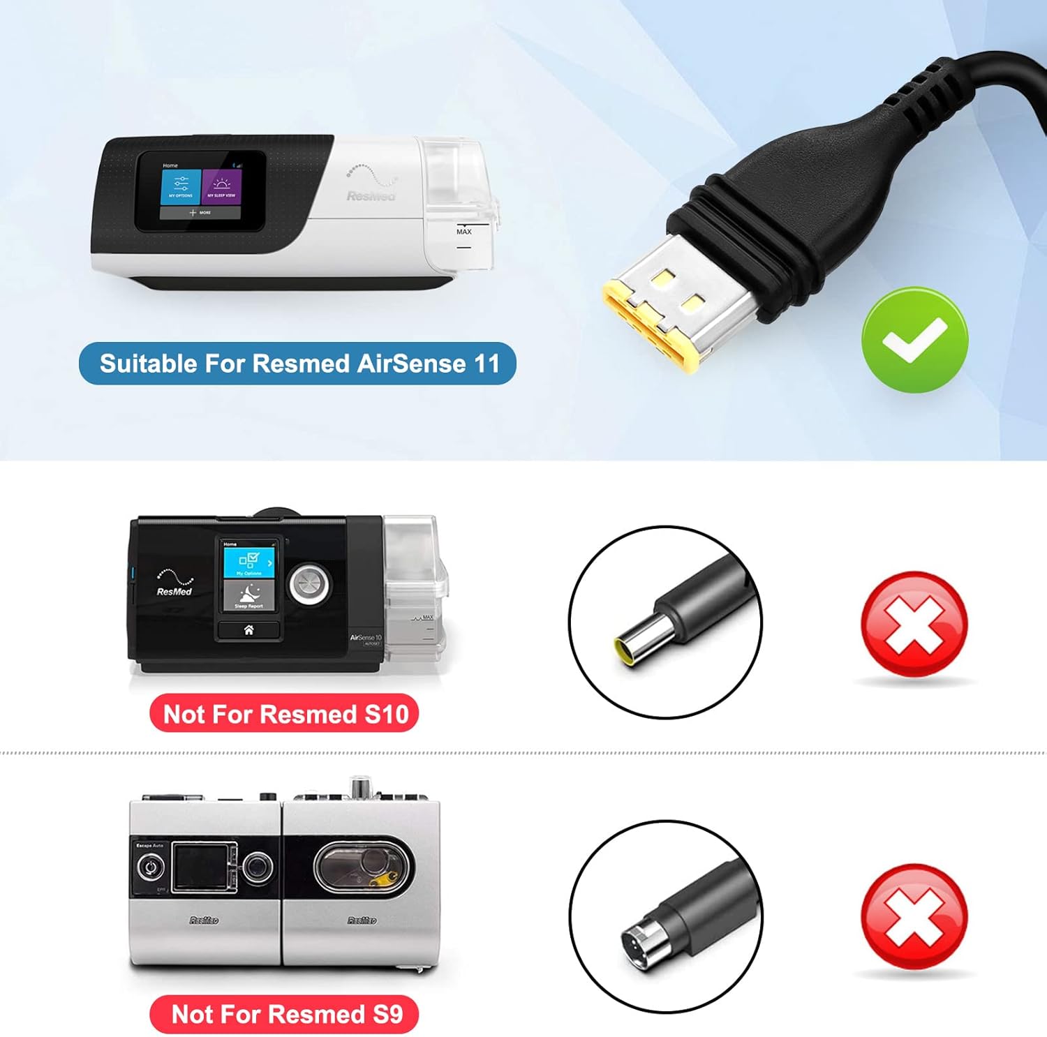 90W Resmed AirSense 11 Convertidor DC 12V-24V Cargador de coche Adaptador de CC para todos Resmed AirSense 11 AutoSetAirSense 11 Elite Cable de