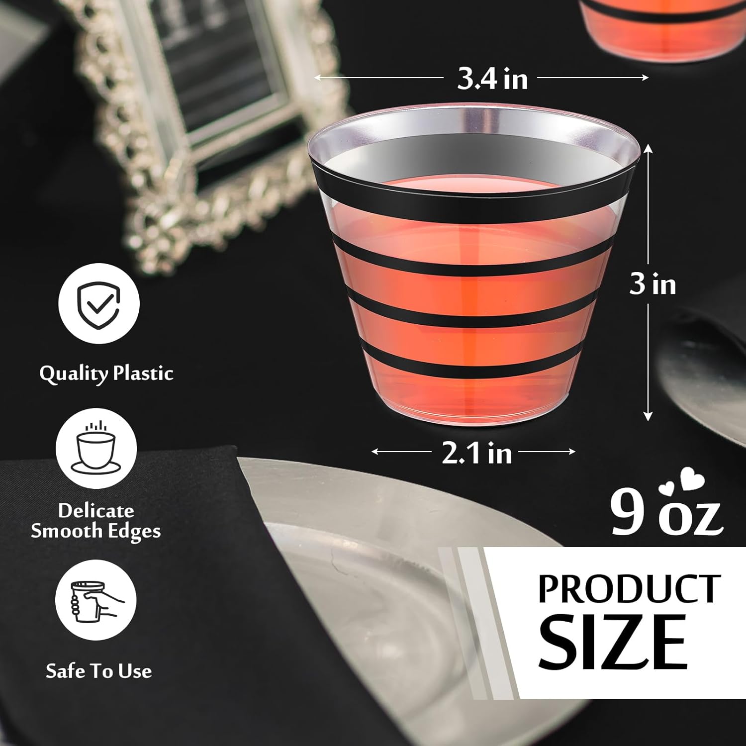 Gejoy 100 vasos de plástico con borde de 9 onzas, vasos de vino desechables transparentes a granel, vasos de plástico duro, elegantes vasos de