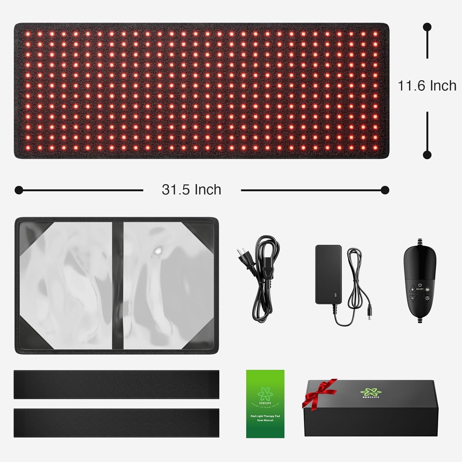 SSCILIFE Alfombrilla de terapia de luz roja grande de 31 x 11 pulgadas para cuerpo, 360 luces LED, almohadilla de terapia de luz roja para espalda,