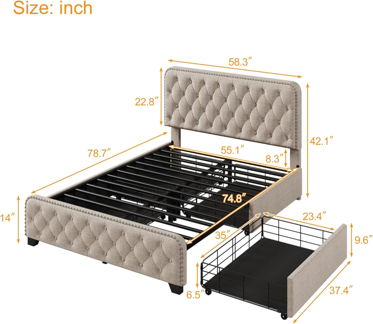 Bellemave Base de cama de plataforma completa con 4 cajones de almacenamiento y cabecero y estribo con botones, soporte de metal resistente, no