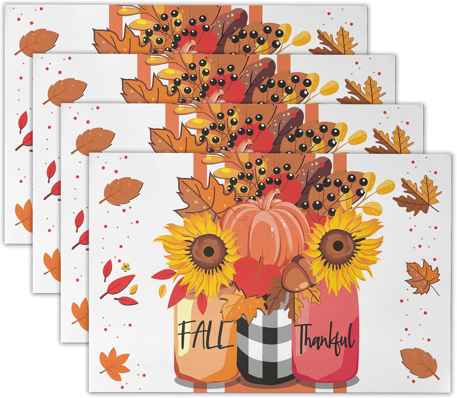 Juego de 4 manteles individuales con texto en inglés Hello Fall, crisantemo en frasco, cosecha de temporada, granja, Acción de Gracias, cocina,