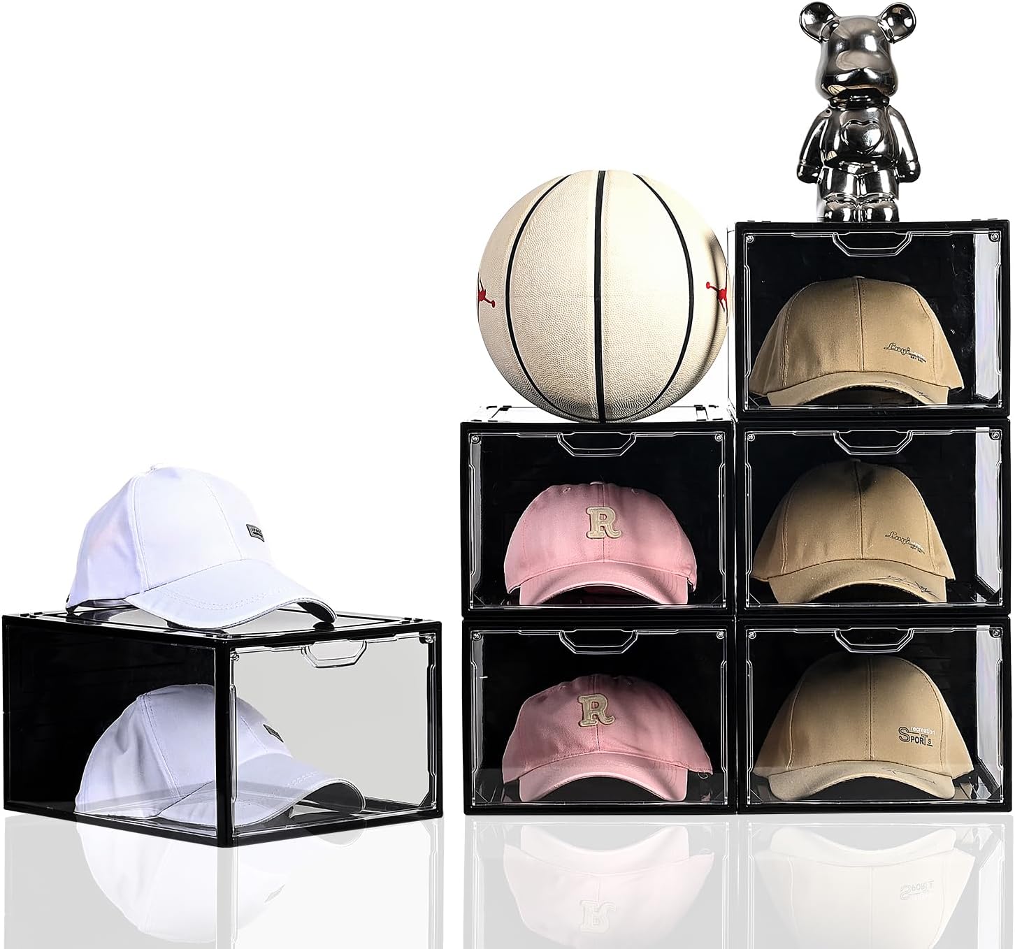 Organizador de sombreros para gorras de béisbol, paquete de 6 cajas de almacenamiento de sombreros de plástico transparente con puerta magnética,