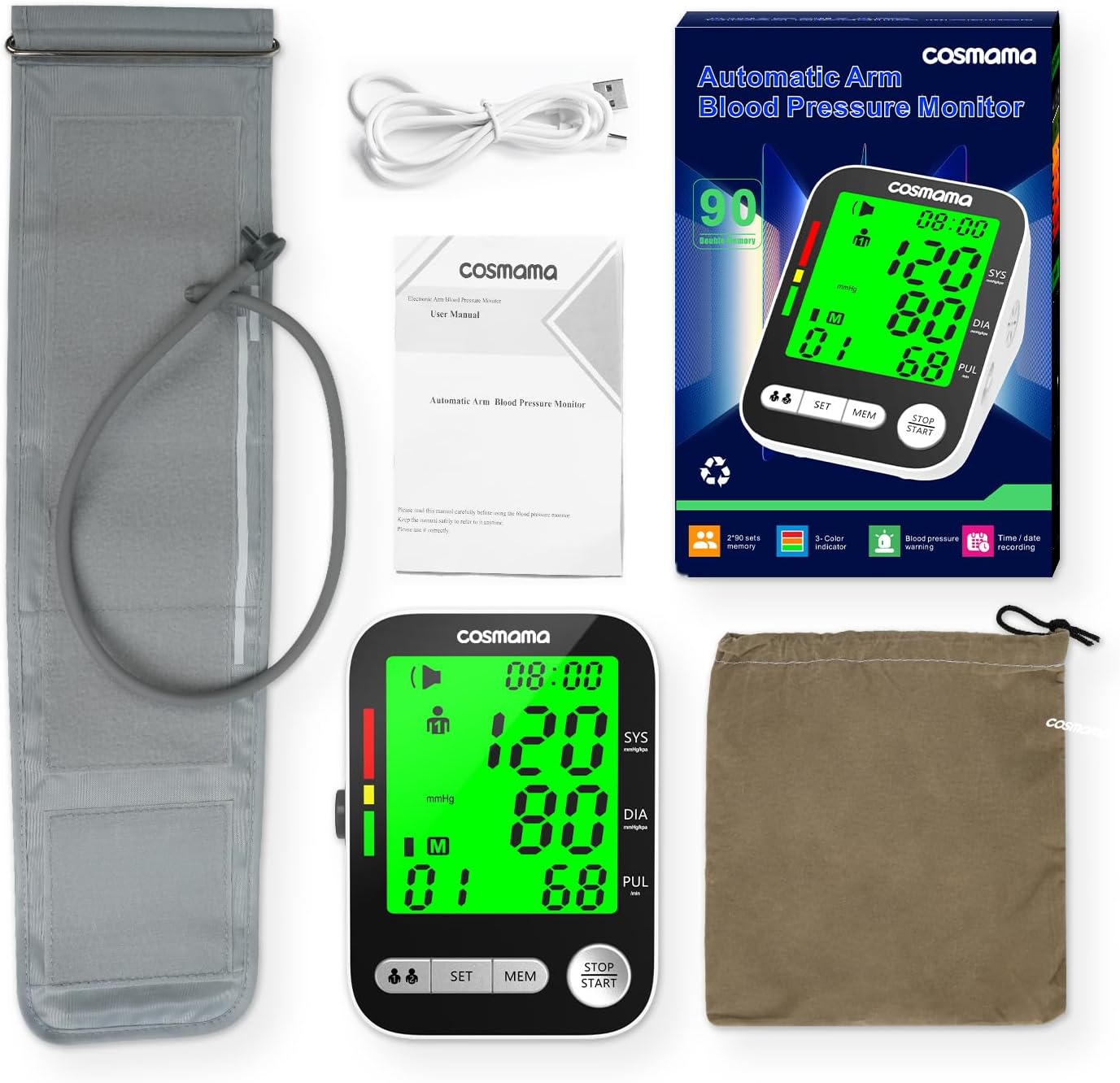 Monitor de presión arterial, monitores automáticos de presión arterial para uso doméstico, máquina de presión arterial recargable con pantalla