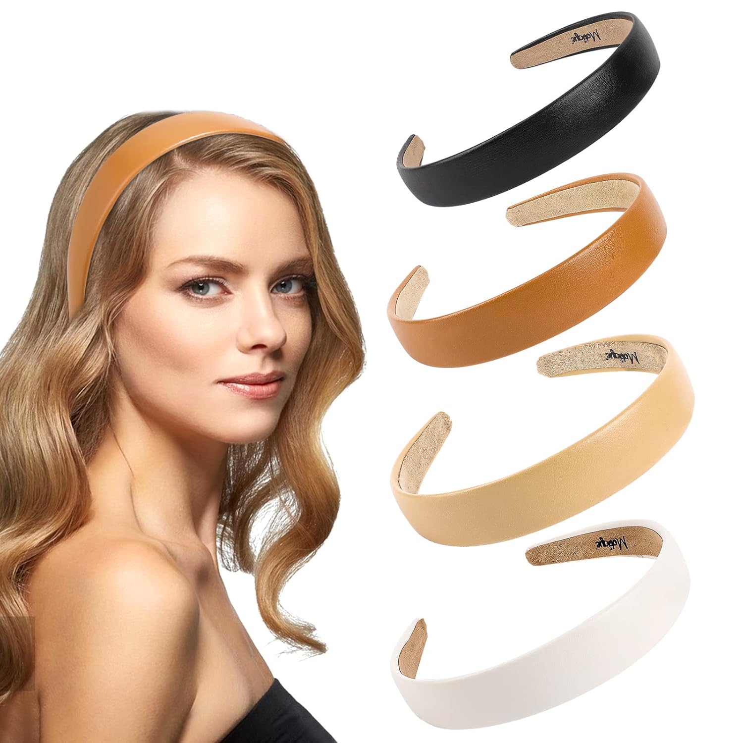 Vin Beauty Paquete de 4 diademas de cuero sólido para mujer, diadema antideslizante de 1 pulgada de ancho, elegantes y suaves, de poliuretano,