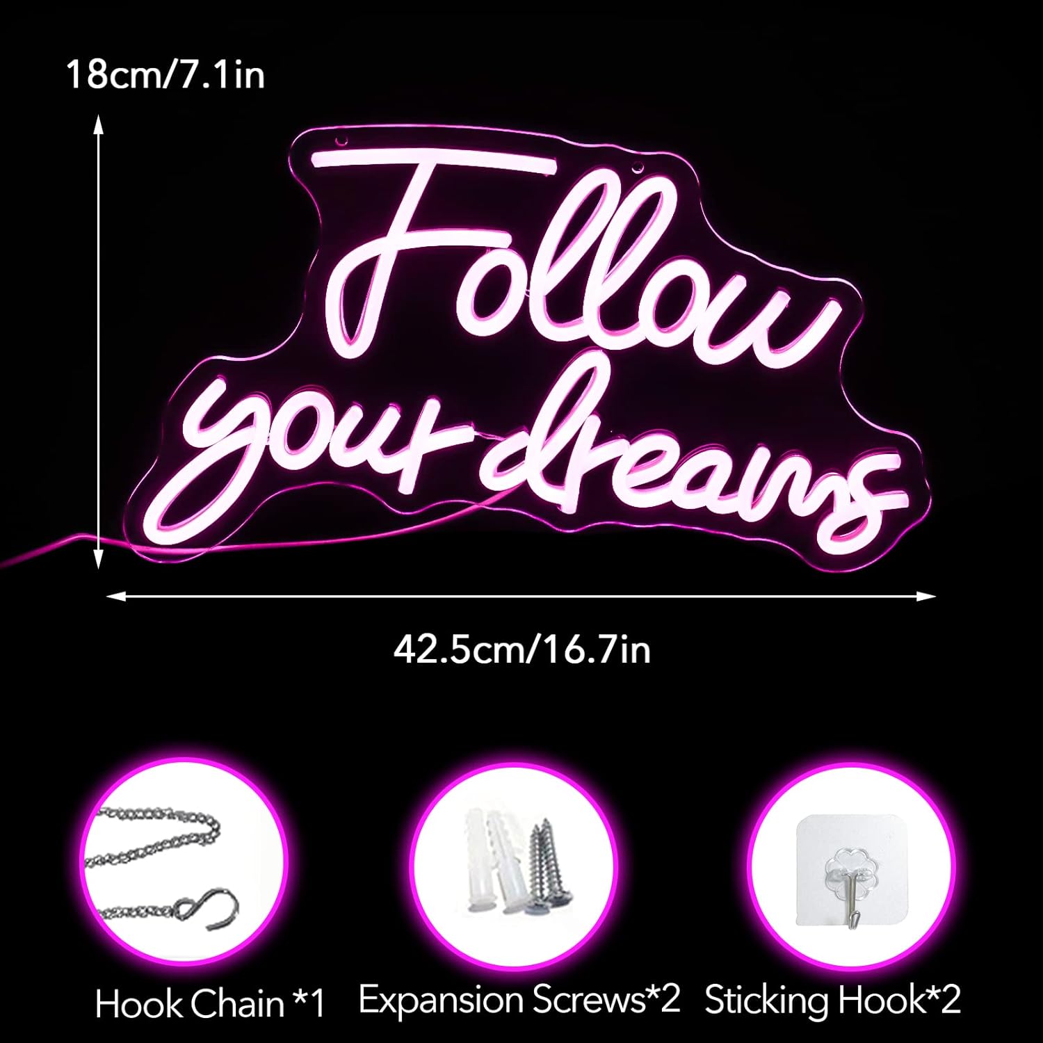Noasktt Letrero de neón de Follow Your Dreams, luces de neón para decoración de pared, con interruptor regulable, letreros de neón LED rosa
