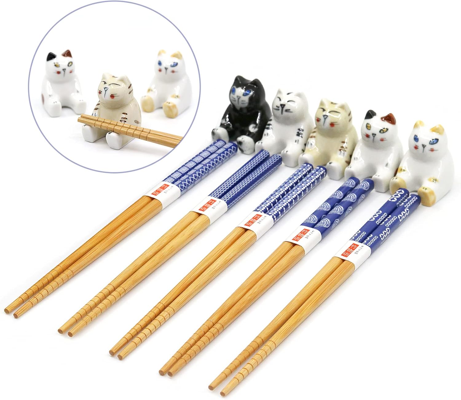 5 pares de palillos de bambú de estilo japonés y reposo, juego de palillos de gato gordo de dibujos animados, juego de regalo clásico de simplicidad