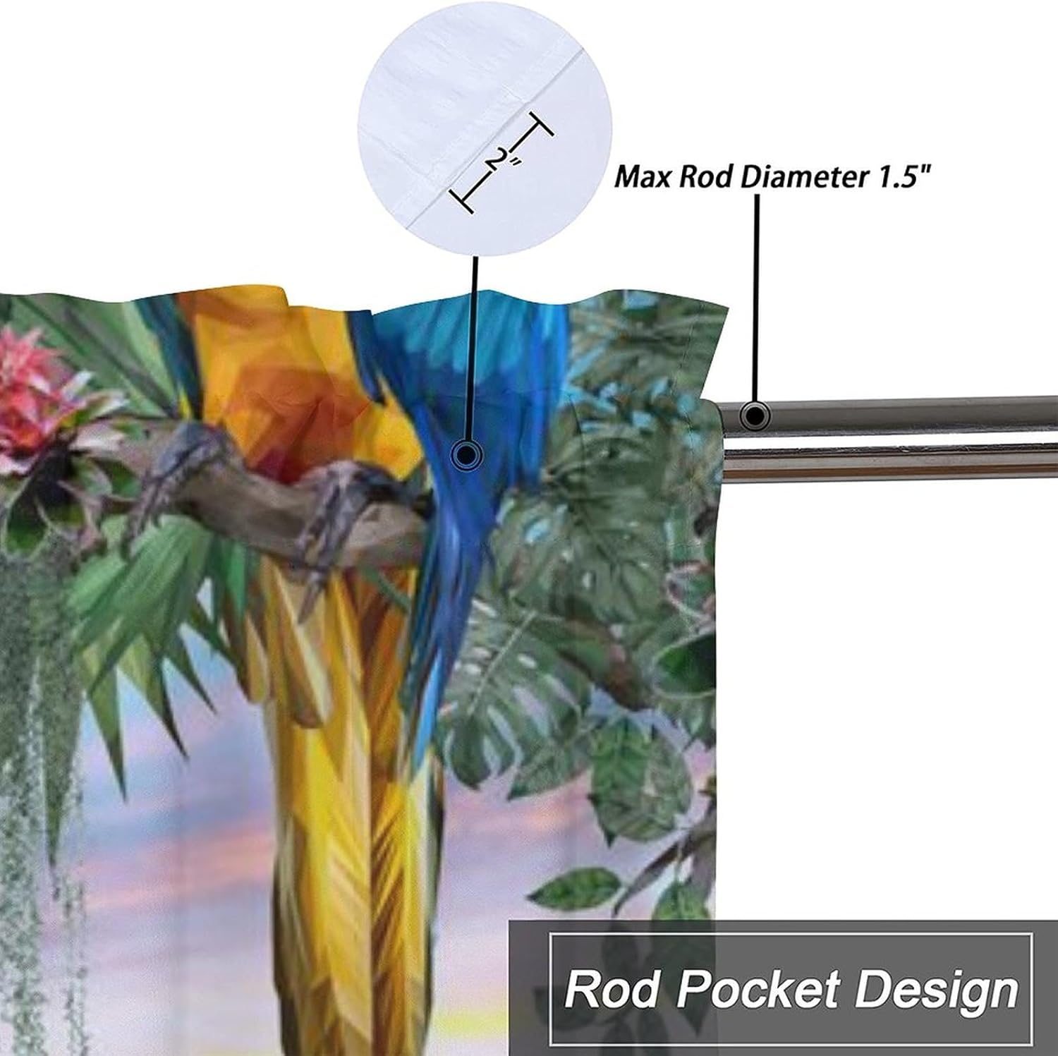 Cenefas de tratamiento de ventana de loro de la selva tropical, cenefa de cortina con bolsillo para barra de cortina de acuarela para verano, playa,