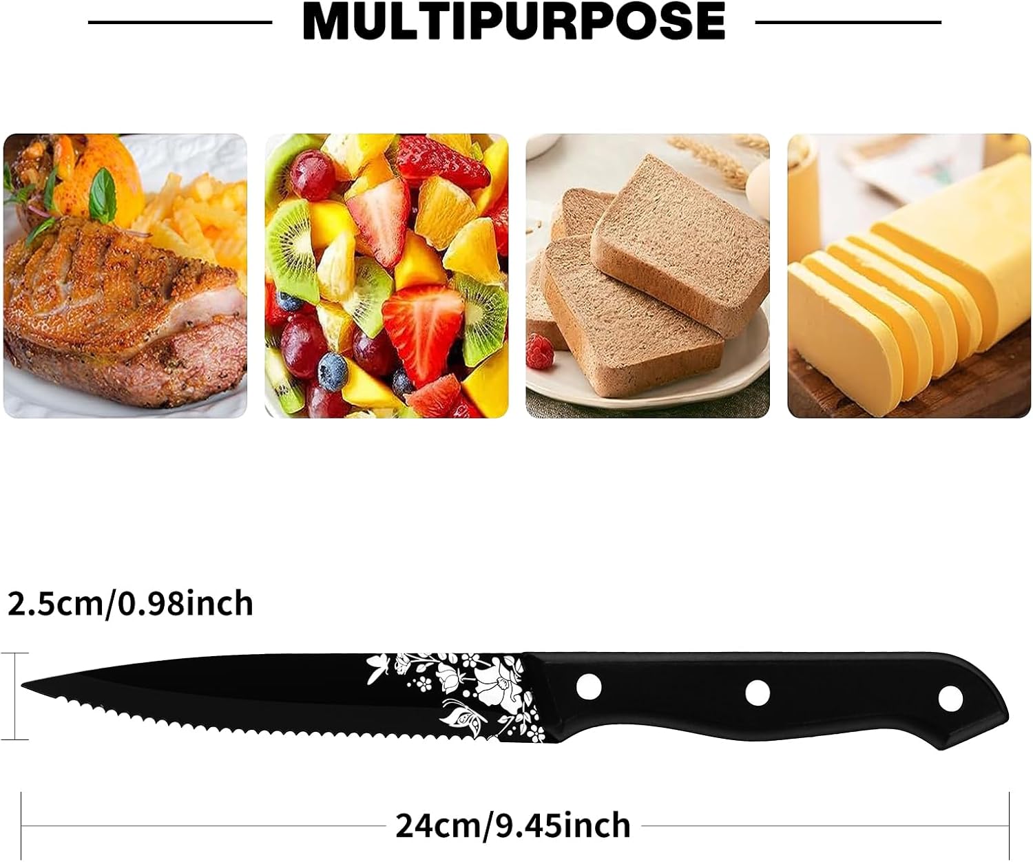 Stapava Juego de 8 cuchillos para carne, acero inoxidable, color negro, afilado, dentado, mate, con patrón láser, para cocina, restaurante, picnic,