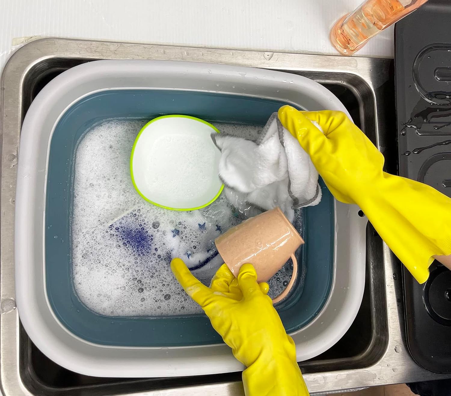 SAMMART Sartén plegable de 15 litros con tapón de drenaje, lavabo de lavado plegable, tina portátil para lavar platos, bandeja de almacenamiento de