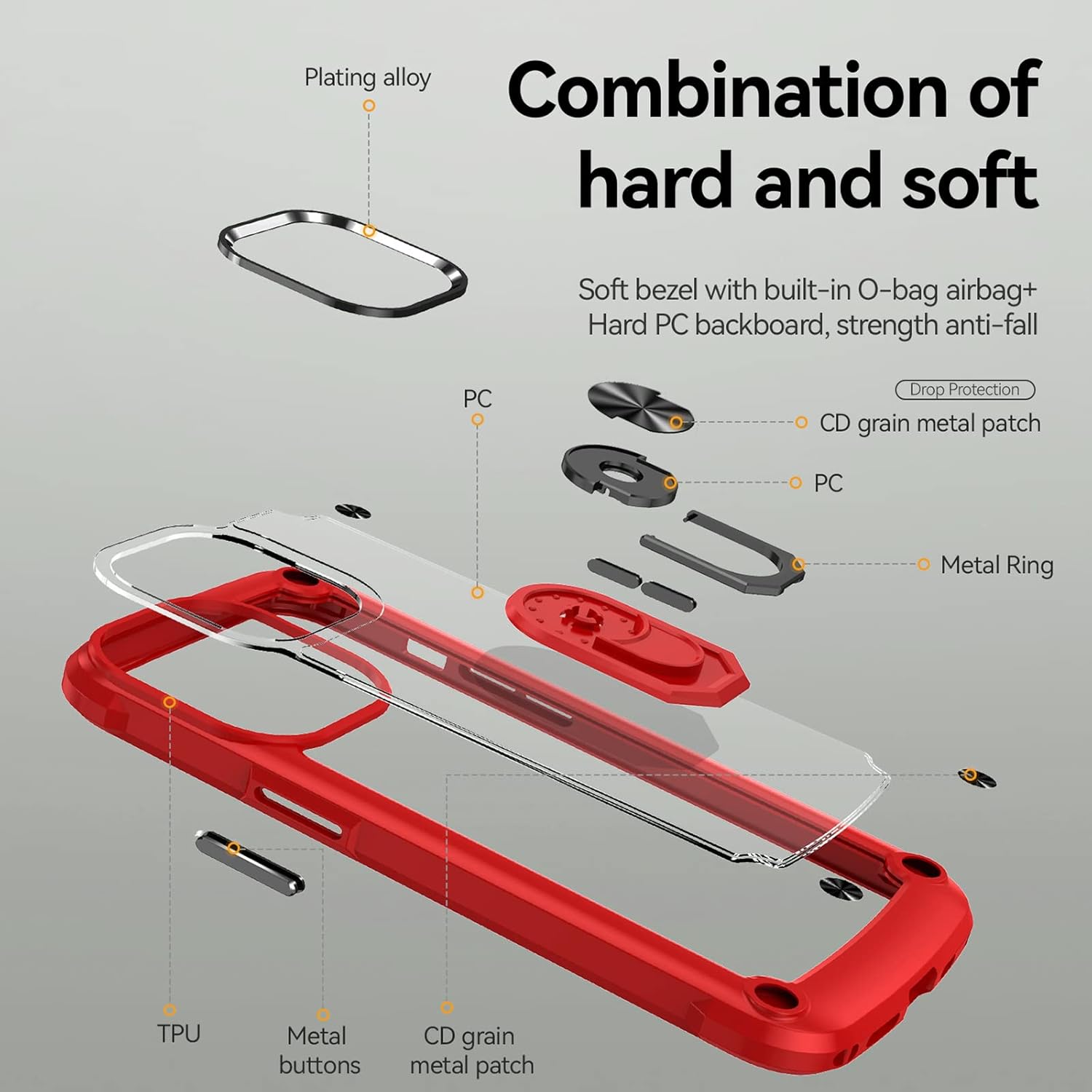 Funda para iPhone 13 Pro, placa trasera acrílica+TPU+diseño de agujero de cuerda, funda protectora para prevención de caídas, con anillo giratorio