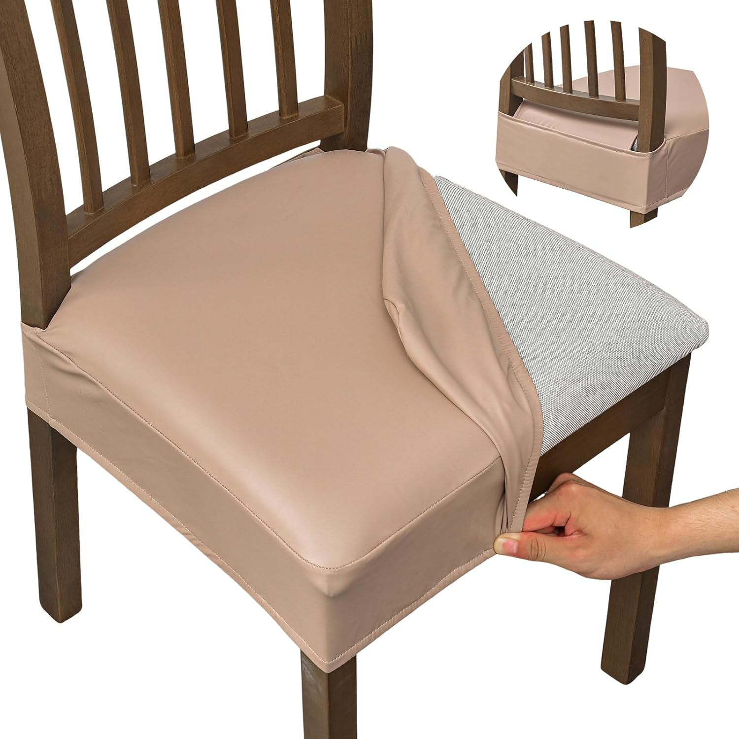 NILUOH Juego de 6 fundas de asiento impermeables para sillas de comedor, de piel sintética, extraíbles y lavables, fundas traseras (PU-caqui)