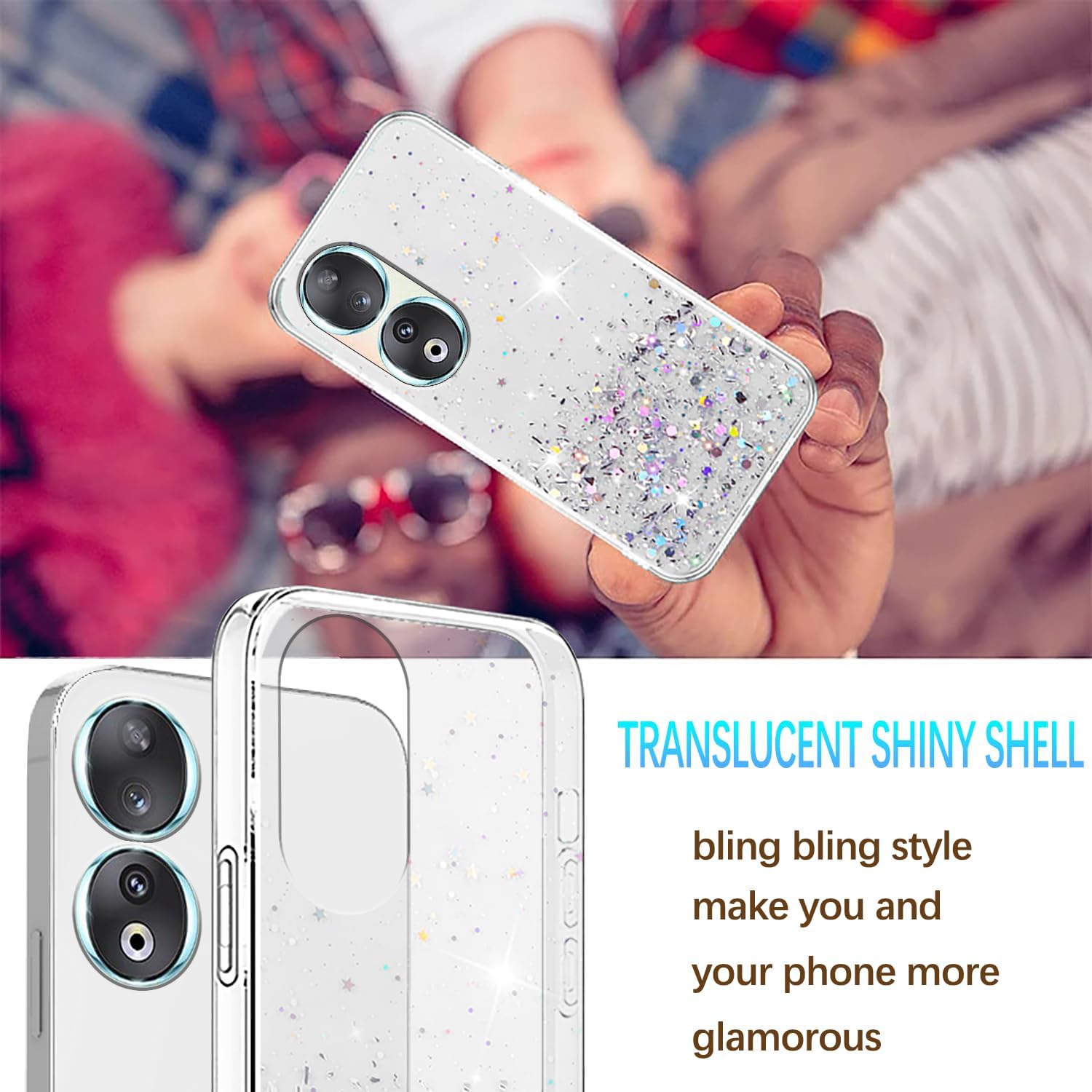 Funda compatible con Honor 90 con purpurina rosa transparente, Honor 90, funda para teléfono Honor 90, silicona transparente de TPU suave, para