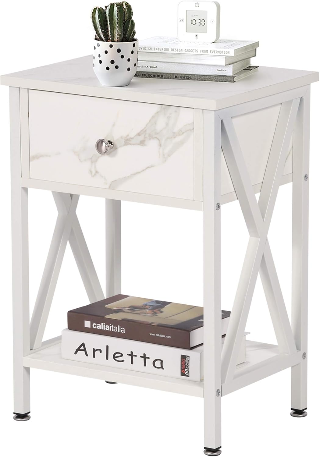 VECELO Mesa lateral con repisas Diseño en X Buró Mesa de noche Mueble versátil para sala de estar o dormitorio