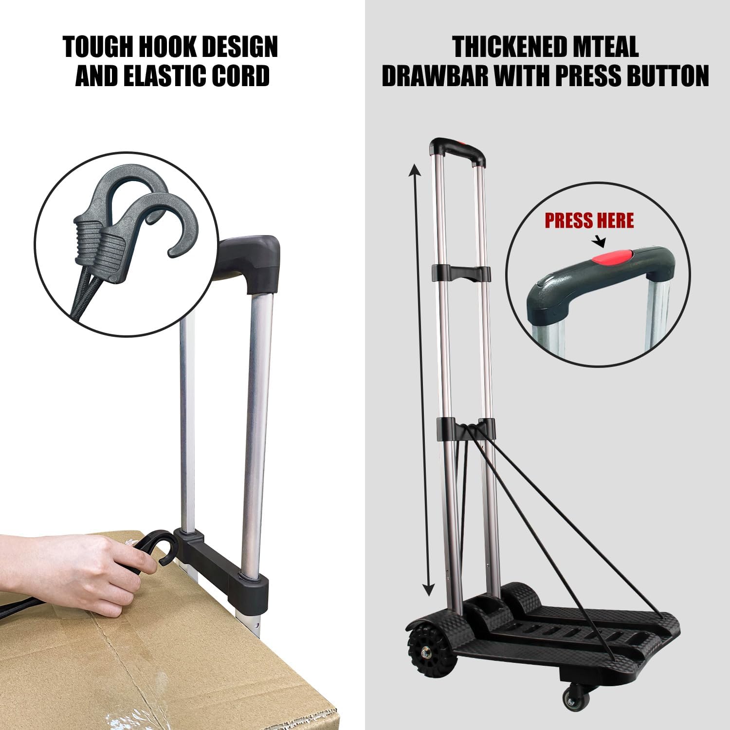 Camión de mano plegable, carrito ligero de aluminio con 2 ruedas delanteras giratorias completas y 2 ruedas traseras de tanque, carrito de equipaje