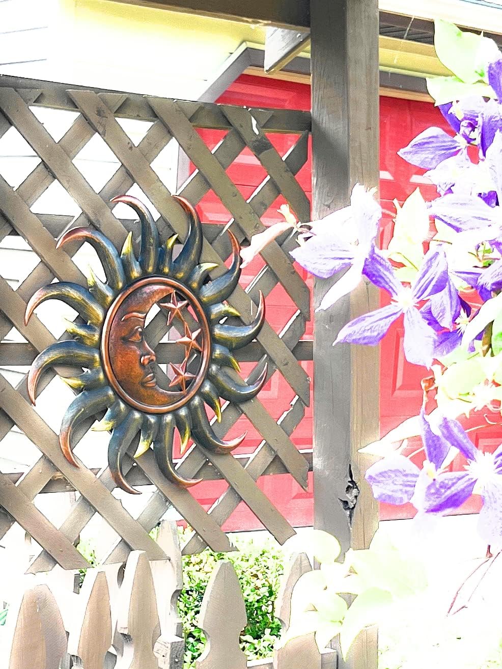 Decoración de sol de metal vintage de 19 pulgadas, diseño celestial redondo, luna creciente y estrellas rodeadas de sol, arte para interiores y