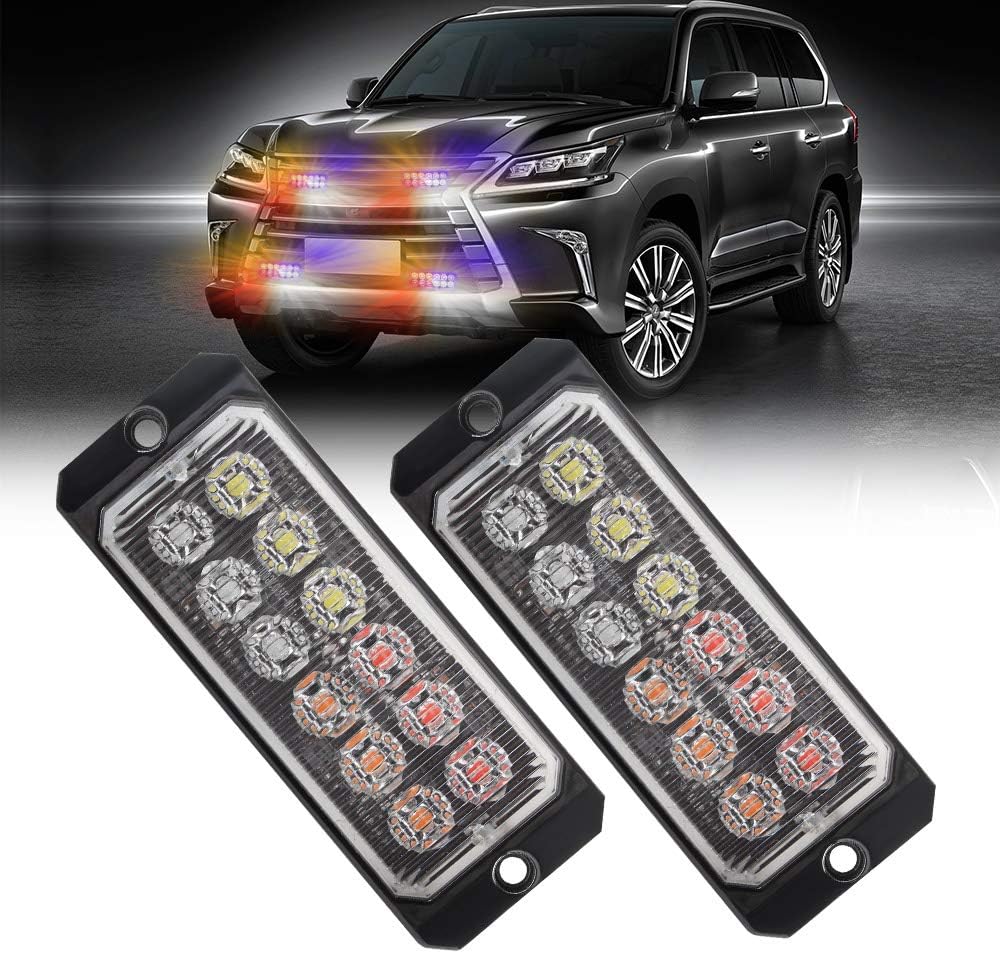 Teguangmei Luces estroboscópicas LED de emergencia, 2 x 12 LED rojoámbarblancoazul, montaje en superficie, rejilla intermitente, advertencia de