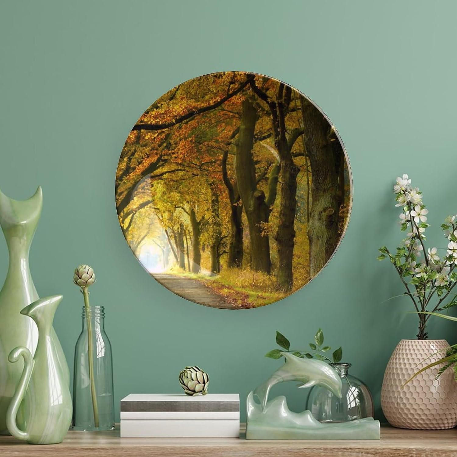 Plato decorativo de cerámica de 6 pulgadas con soporte de otoño Forest Avenue redondo para el hogar, platos de cena para decoración de pared del