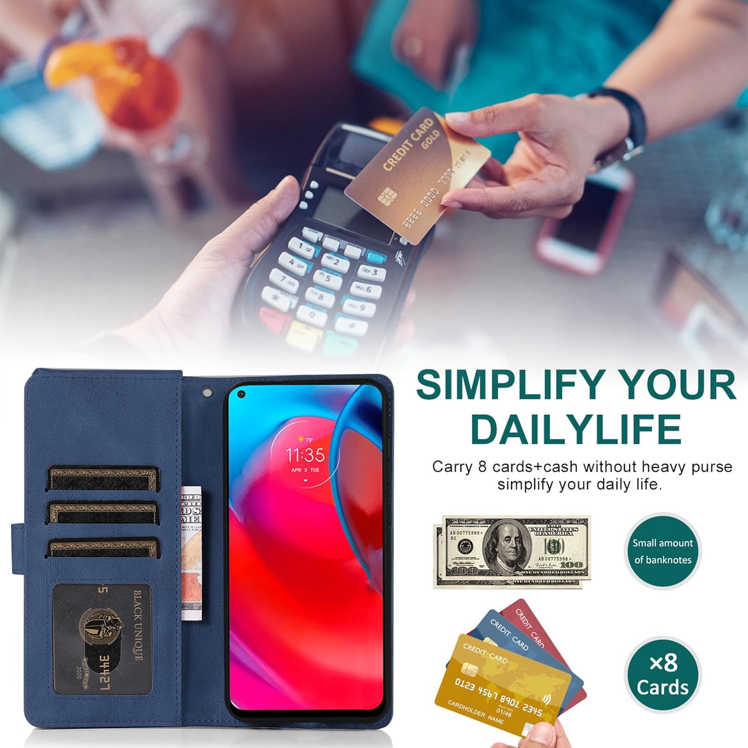 Funda compatible con Moto G Stylus 5G 2021, protector de pantalla de vidrio templado, cierre de cremallera, funda de piel retro, soporte para