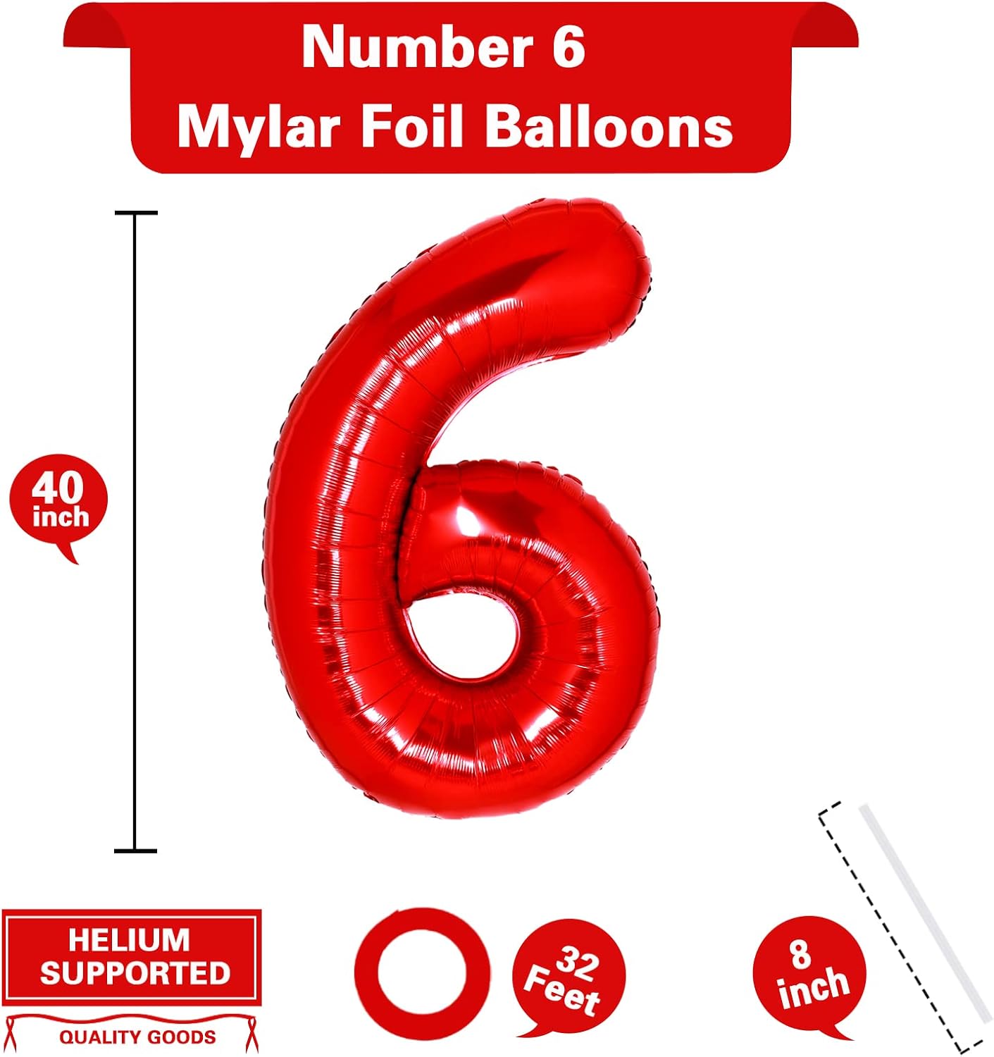 Globo rojo gigante del número 6 de 40 pulgadas, globos de aluminio de Mylar con helio para fiestas de cumpleaños, decoraciones de cumpleaños n. 6