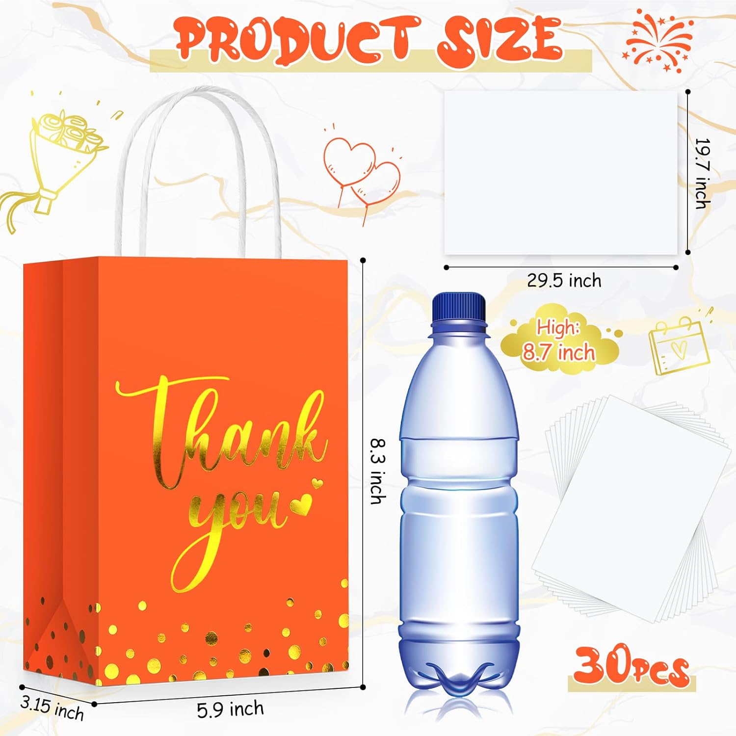 30 bolsas de regalo de agradecimiento con papel de seda dorado con asa para negocios, compras, bodas, baby shower, recuerdos de fiesta (naranja)