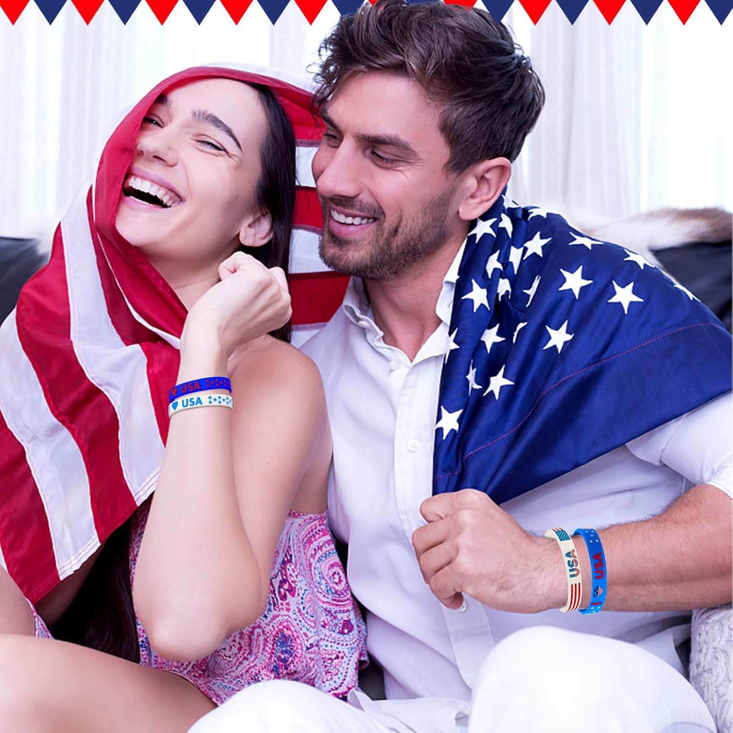 JUNEBRUSHS 24 pulseras de silicona para fiestas del 4 de julio, con bandera estadounidense, color rojo, blanco y azul, para fiestas patrióticas del