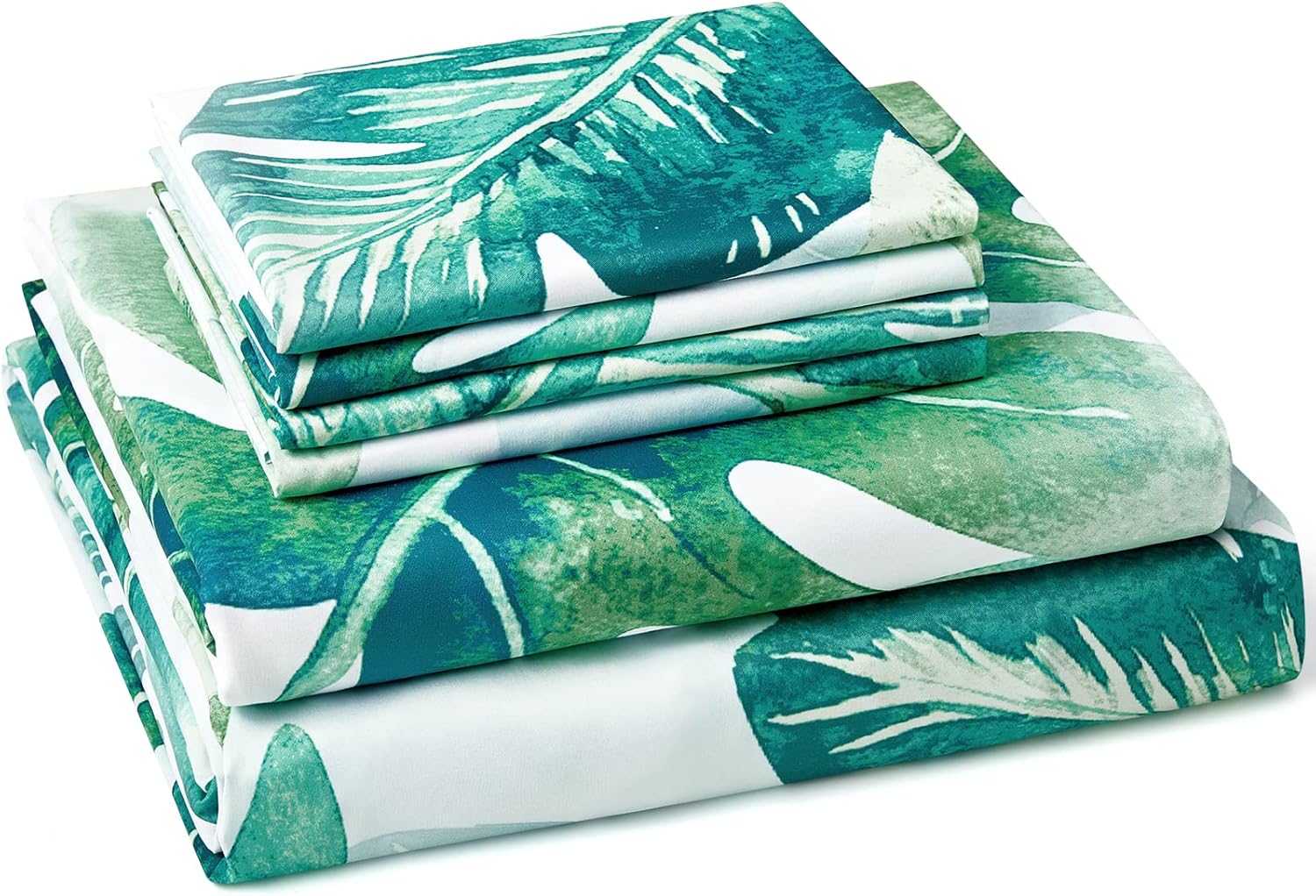 BYSURE Juego de sábanas Queen de 6 piezas (verde Monstera Deliciosa), sábanas con patrón botánico de núcleo de cabaña, decoración de ropa de cama de