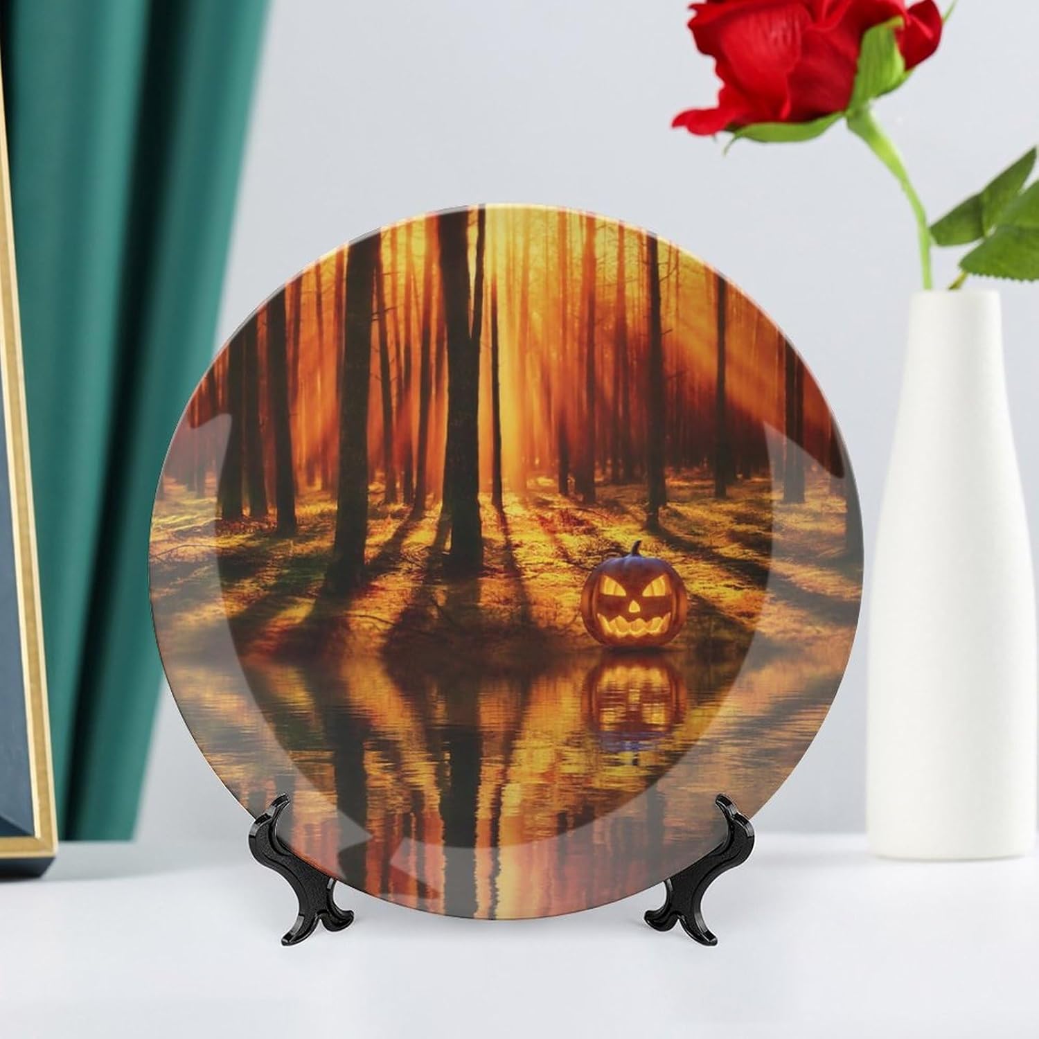 Plato decorativo para colgar de Halloween, lago, bosque, árboles, calabaza, decoración del hogar, decoración del hogar, recuerdo, arte de pared,